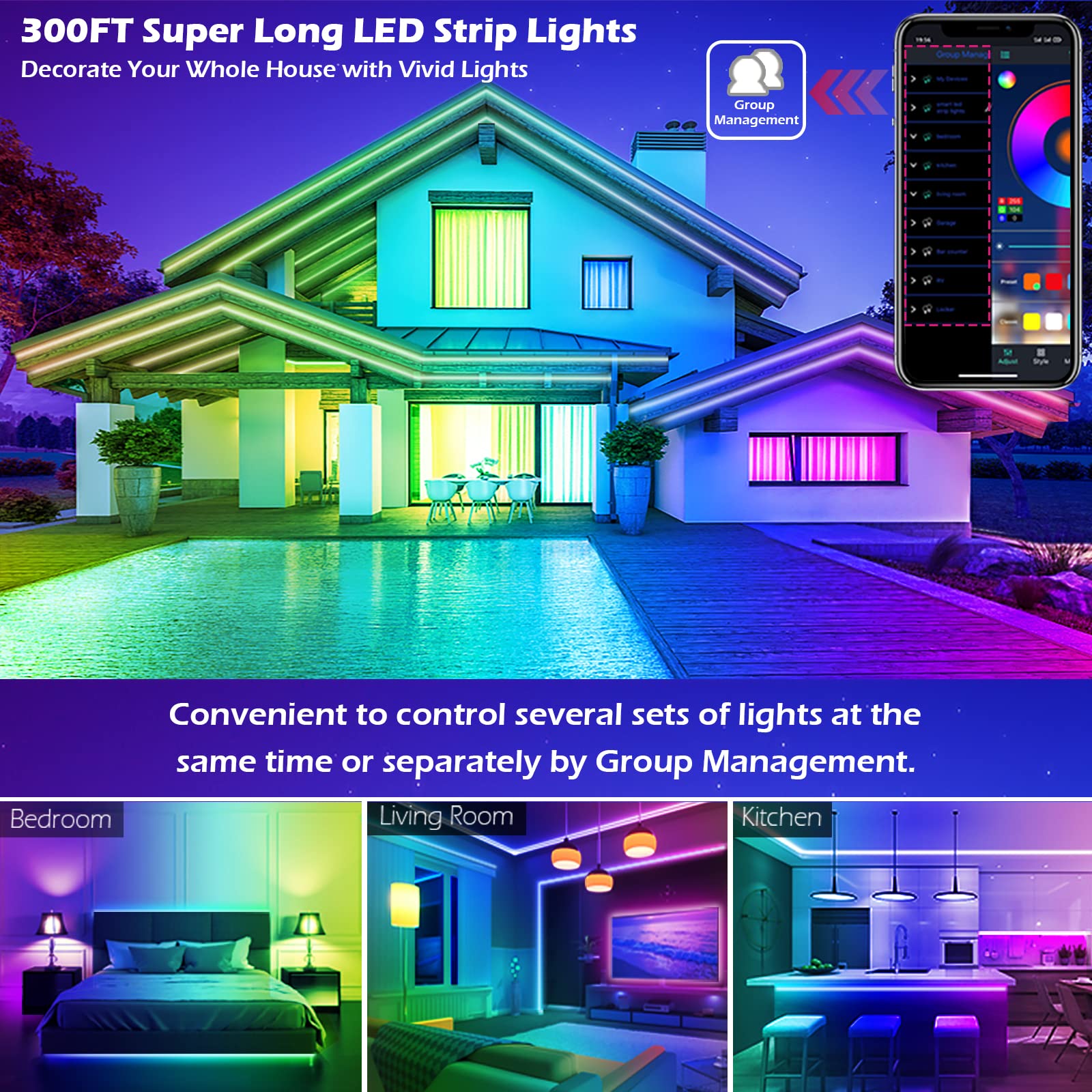 LETIANPAI 300ft LED Strip Lights, RGB Color Changing, Music Sync, Bluetooth App Control, Multicolor for Bedroom and Party