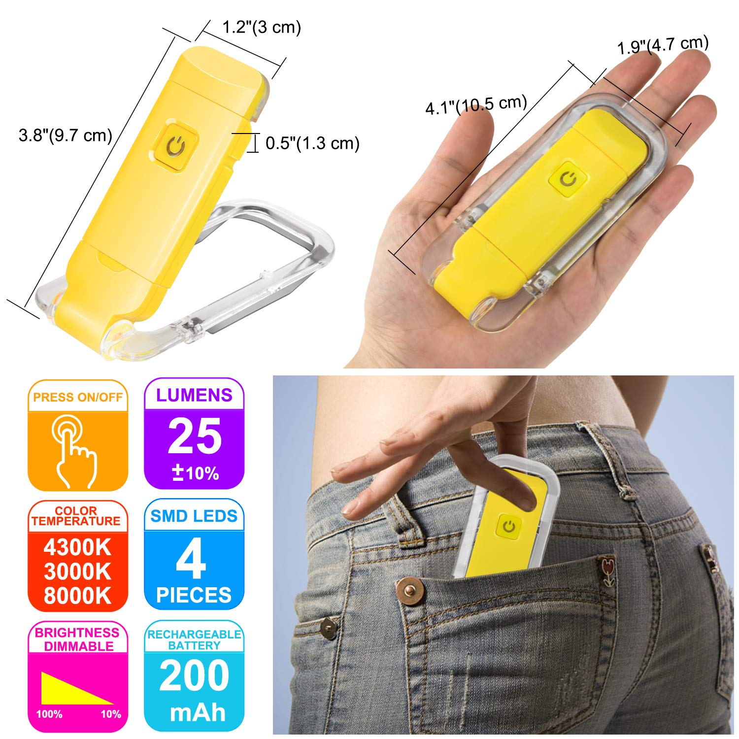 HONWELL Rechargeable Book Light Clip On LED Reading Lamp, 3 Brightness Levels, Portable, Yellow, Model H008YW-Y