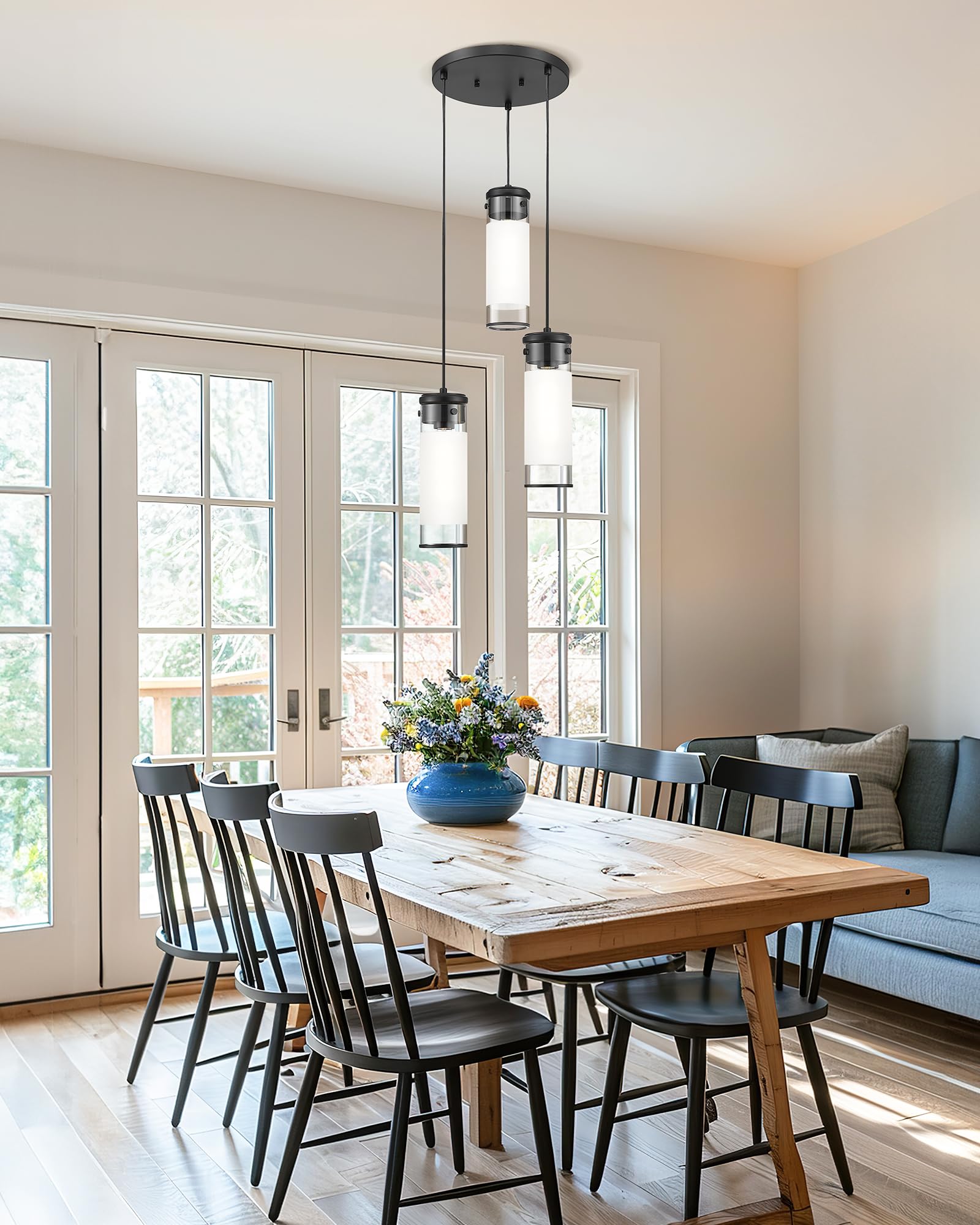 Jazava Cluster Pendant Light, Black Hanging Light Fixture, 3-Light Cylindrical Kitchen Island Lighting For Dining Room Living Ro