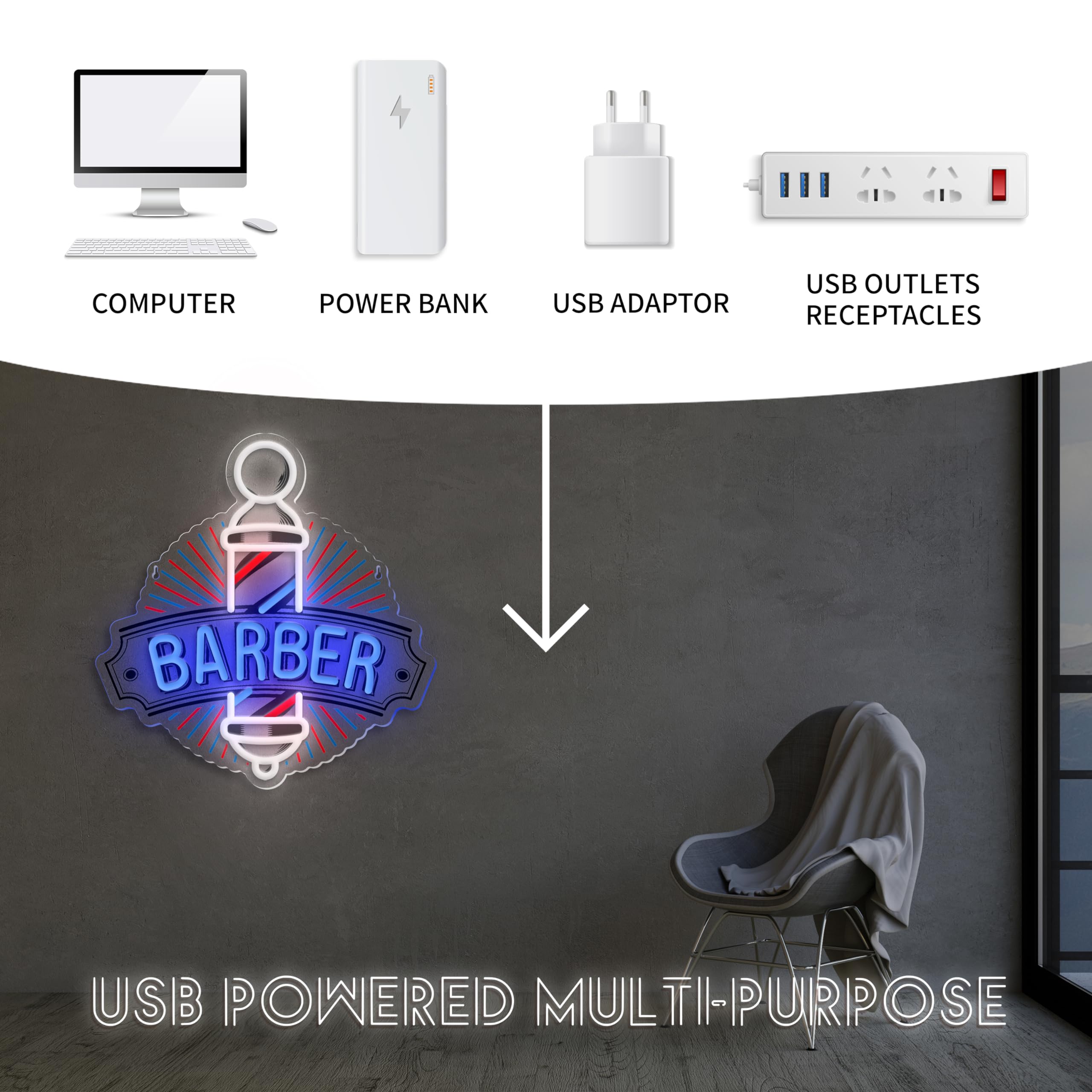 VIKLIU Barber Neon Sign LED Wall Art, 13.8x13.2 inches, Blue Acrylic, Model LFD-UV for Barber Shops & Hair Salons