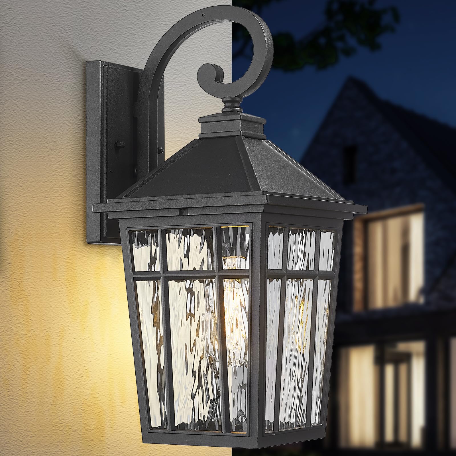 Darkaway Large Outdoor Wall Lights for House  18inch Exterior Lighting Fixtures Wall Mount Outdoor Porch Lights Waterproof Black Outside Sconce Lights with Water Ripple Glass for Patio Hallway Garage