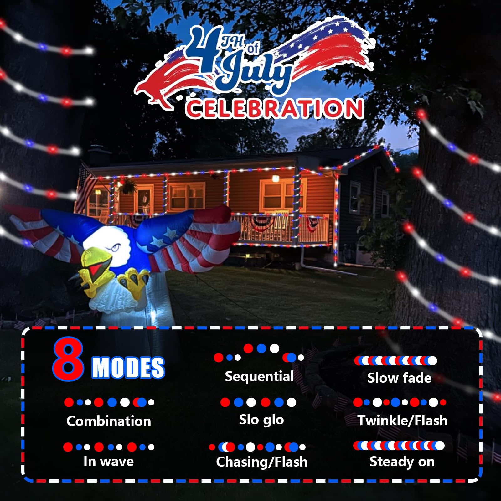 YEGUO Solar Rope Light, 200 LED, 66ft, 8 Modes, Red White Blue, 4th of July Decorations