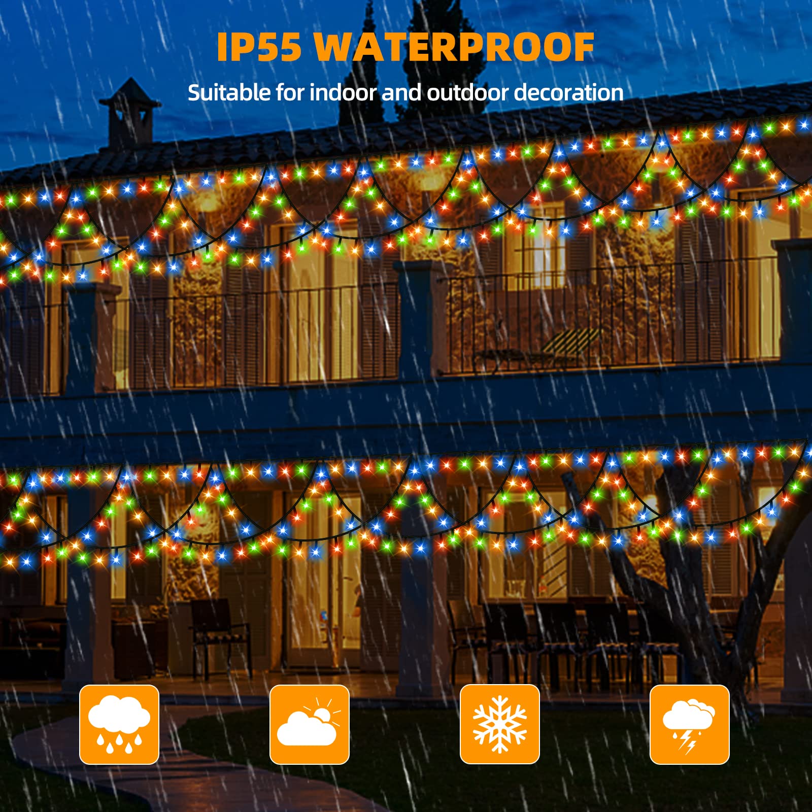 XTF2015 Outdoor Christmas Lights 40FT 380 LED Color Changing String Lights Warm White + Multicolor Model QL300IE