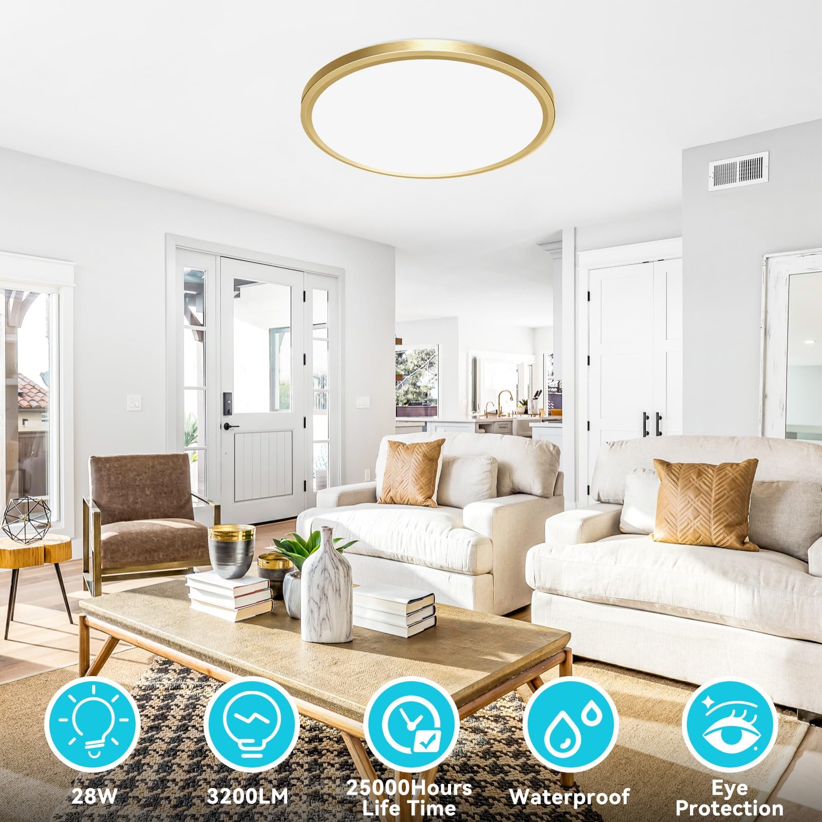 Libtit 12 Inch Led Ceiling Light Golden, 28W 3200Lm Aureate Flush Mount Ceiling Light, 3 Color Temperature 3000K/4500K/6000K, Gi