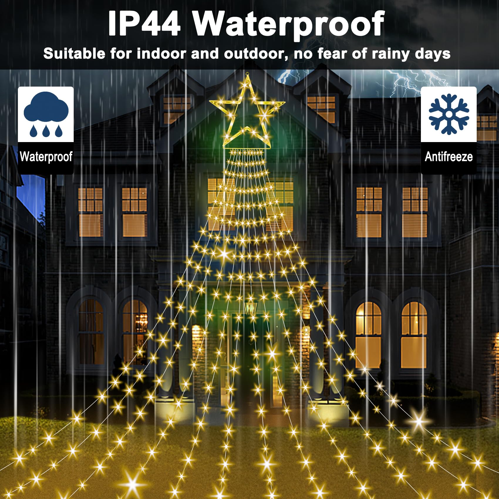 Onory 23FT Christmas Outdoor Star String Lights, 860 LED Waterproof Warm White, 8 Modes for Patio, Yard, Party Holiday Decor