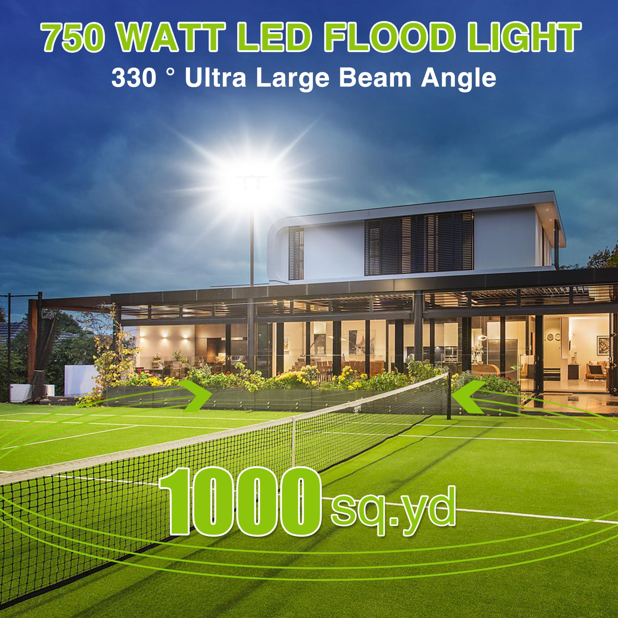 STASUN 750W LED Flood Light, 75000lm, 6000K Daylight, IP66 Waterproof, 3 Heads for Outdoor/Commercial Use, Model FT5GR