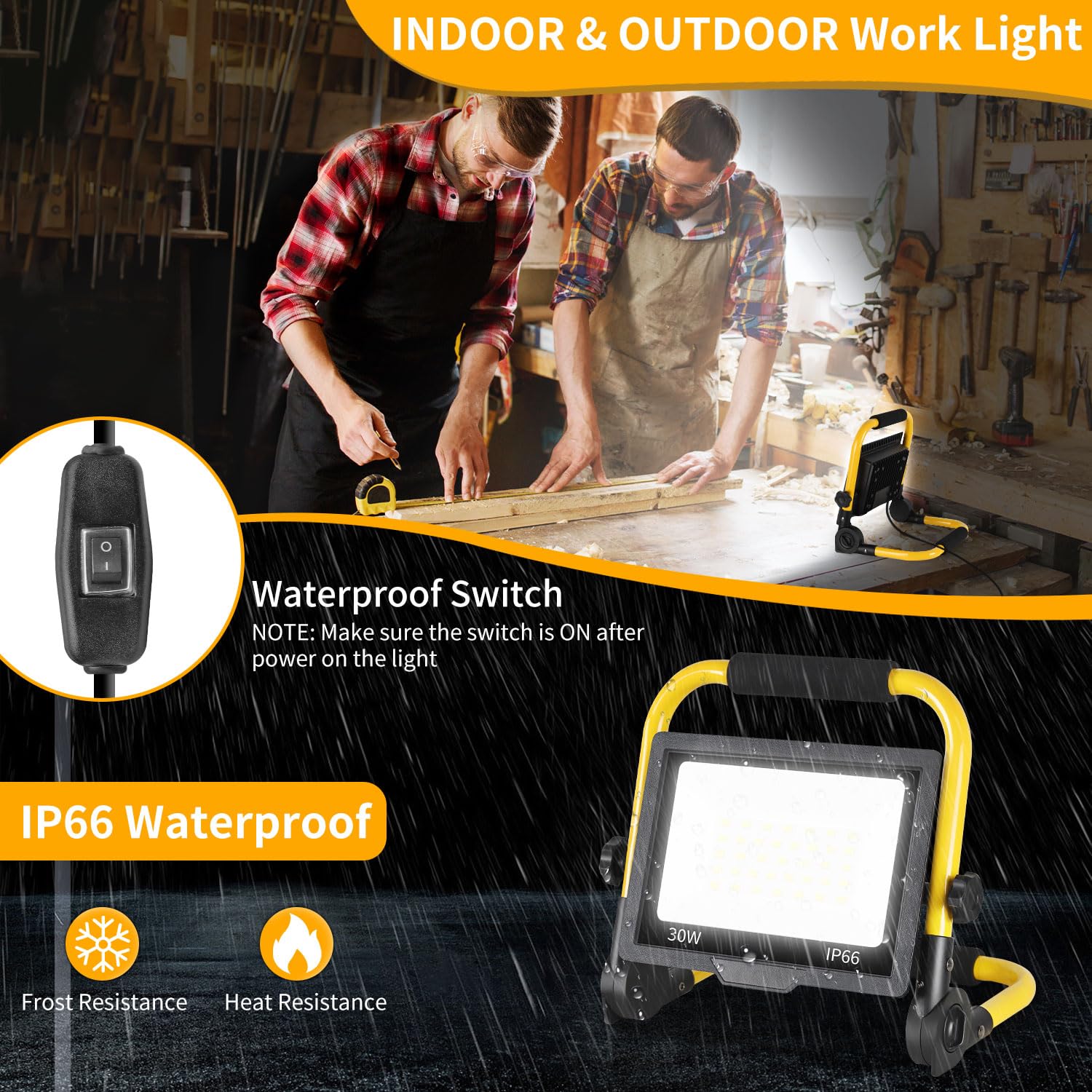 ISUERFY 30W LED Work Light - 3600 LM, IP66 Waterproof, 16ft Cord, Portable Stand, Black, Model SUER-GZD-30W-1P