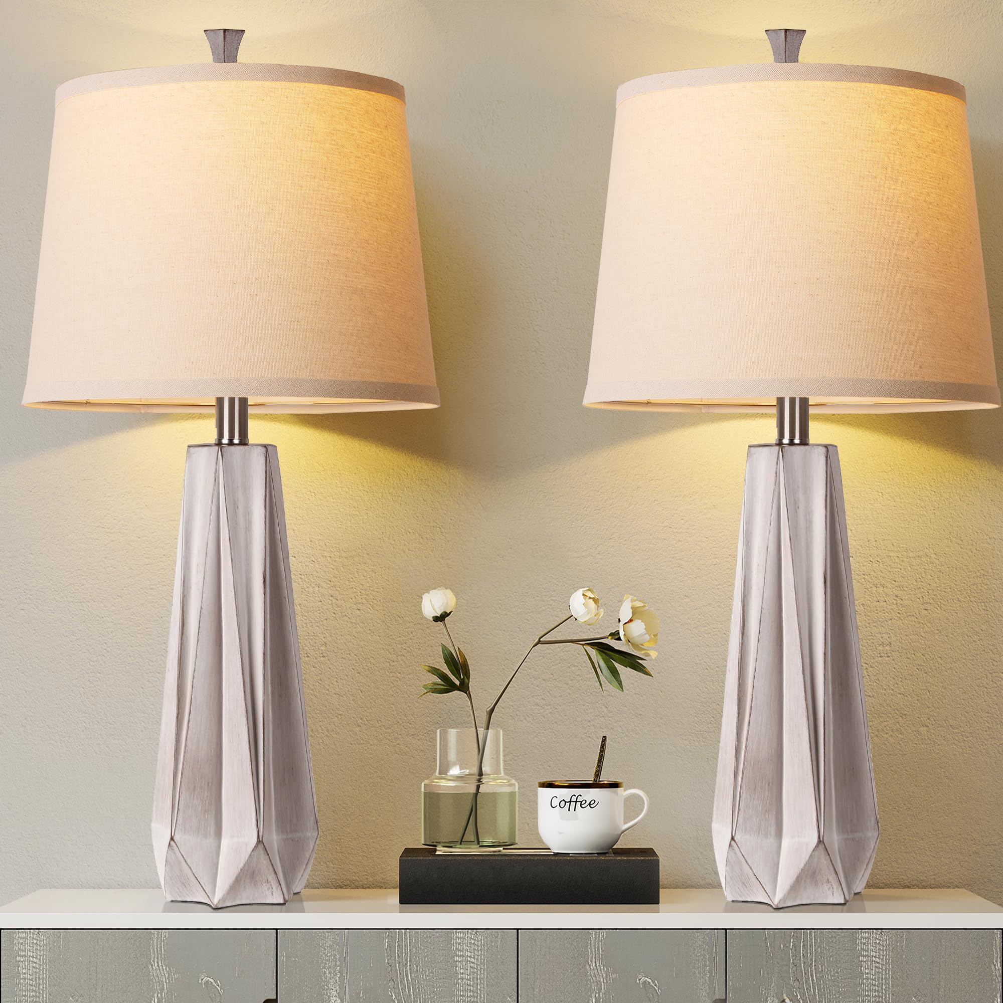 WIHTU 3 Color Temperature Table Lamps Set of 2, Beside Lamp with Linen Shade, 27 Light Wood Color Modern Table Lamp for Living