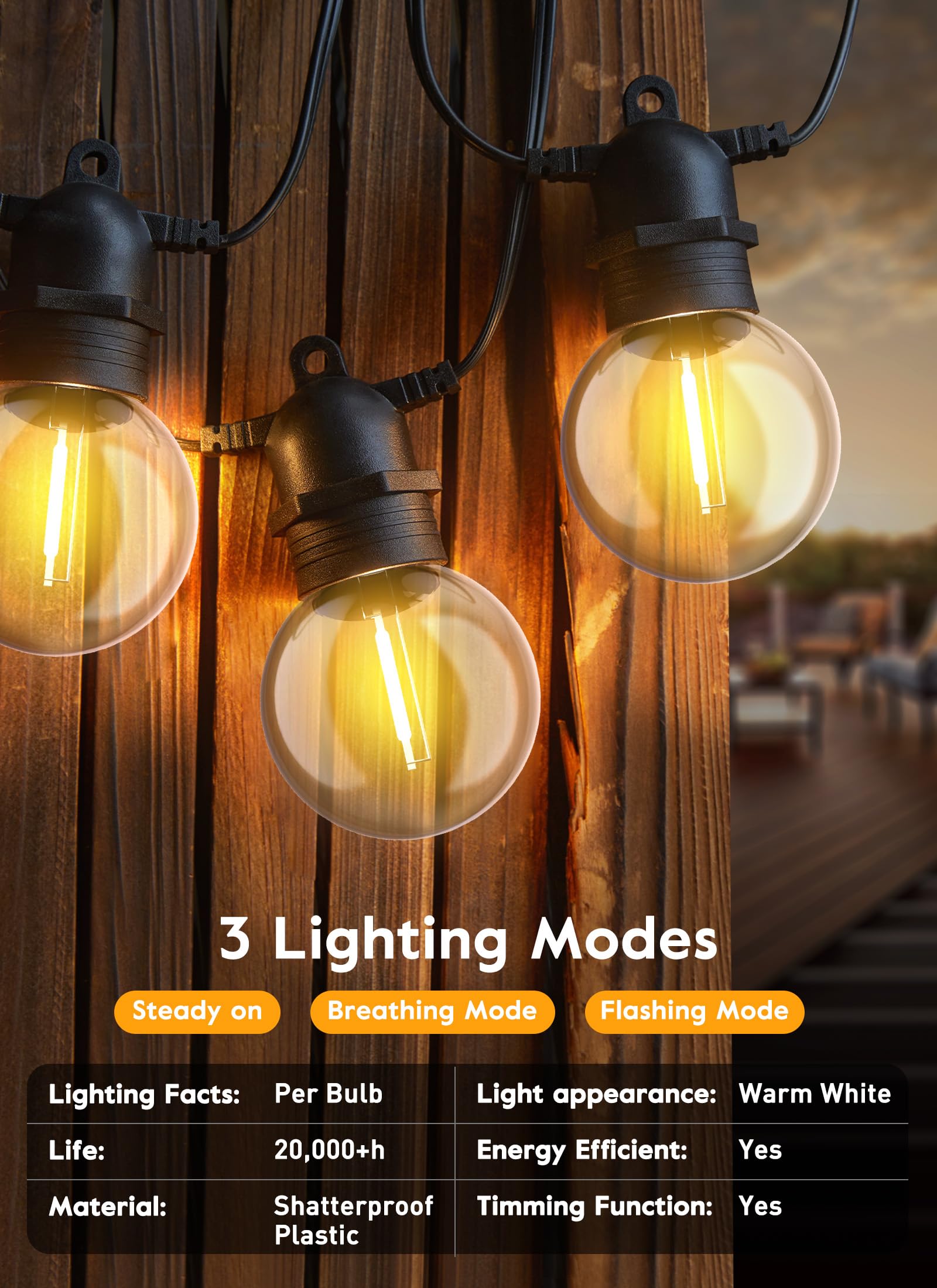 Brightown Outdoor Solar String Lights 34Ft - Led G40 Pro Globe Patio Energy Saving With 11 Shatterproof Bulbs, 3 Light Modes Waterproof Hanging Lights For Christmas Outside Garden Backyard Party Decor