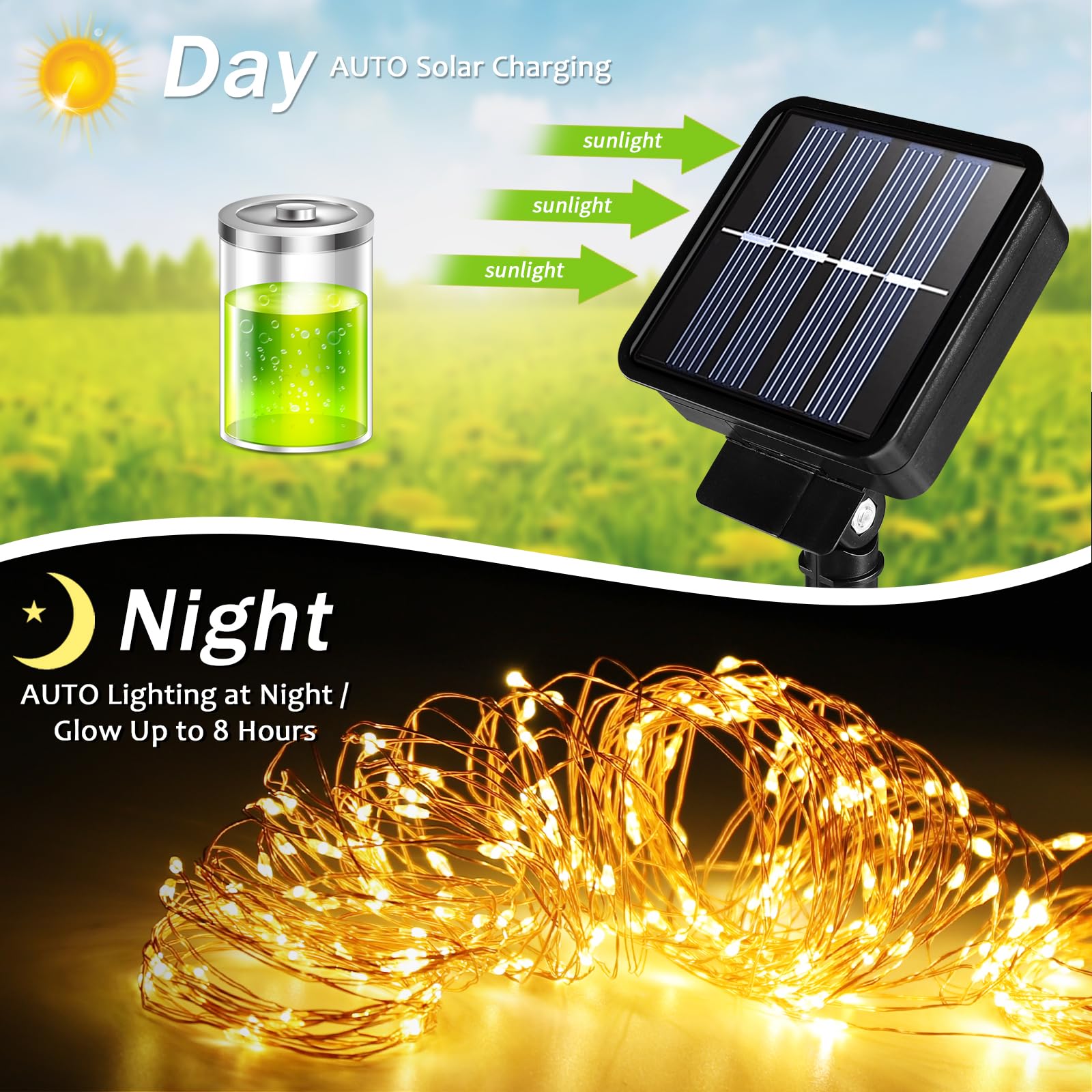ALENEY Solar String Lights Outdoor, 66ft, 200 LEDs, Waterproof Warm White Fairy Lights for Patio, Yard, Christmas, Halloween, Wedding Decor