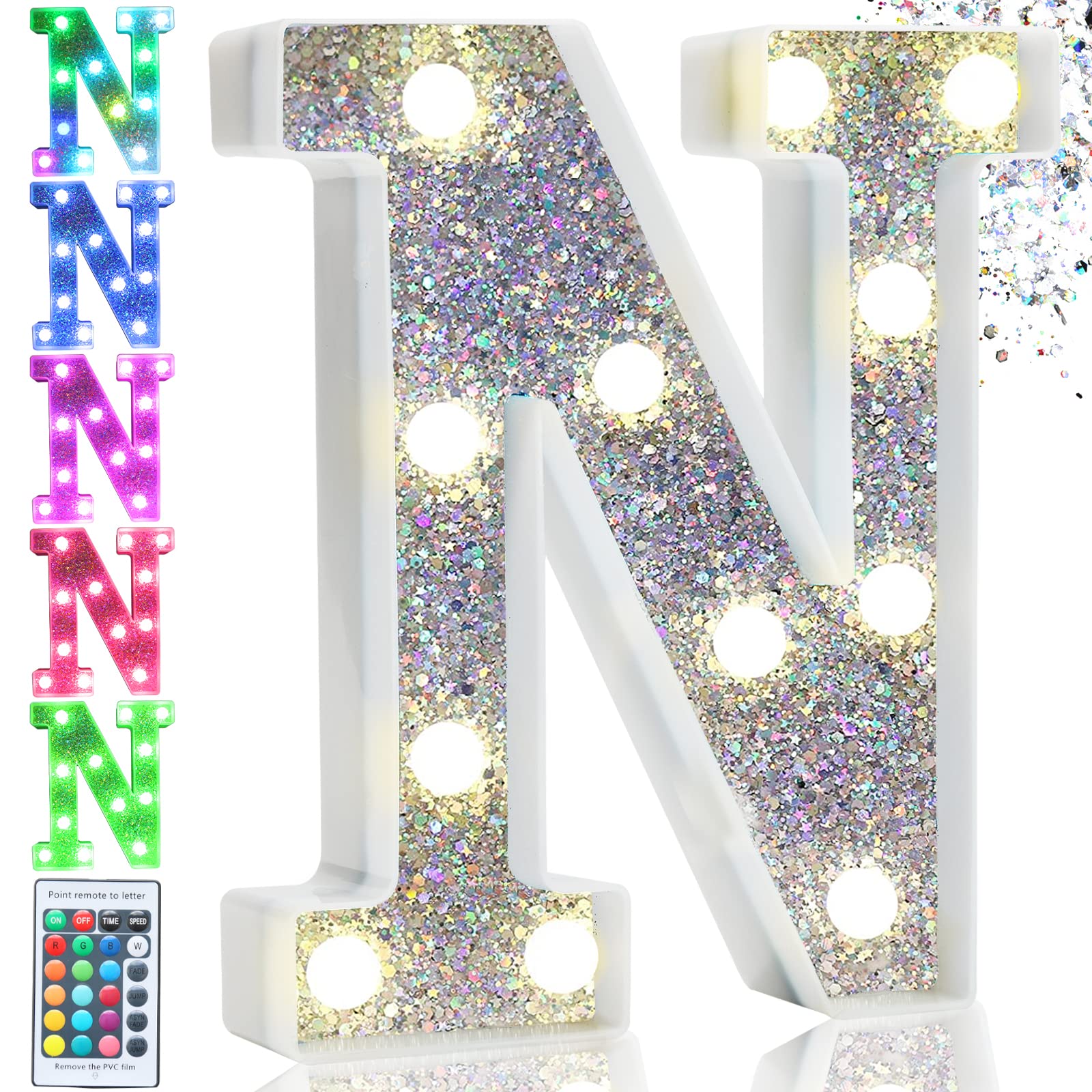 Pooqla LED Marquee Letter Light N, 16 Colors RGB, Battery Operated, Silver Glitter Decoration for Parties and Bedrooms