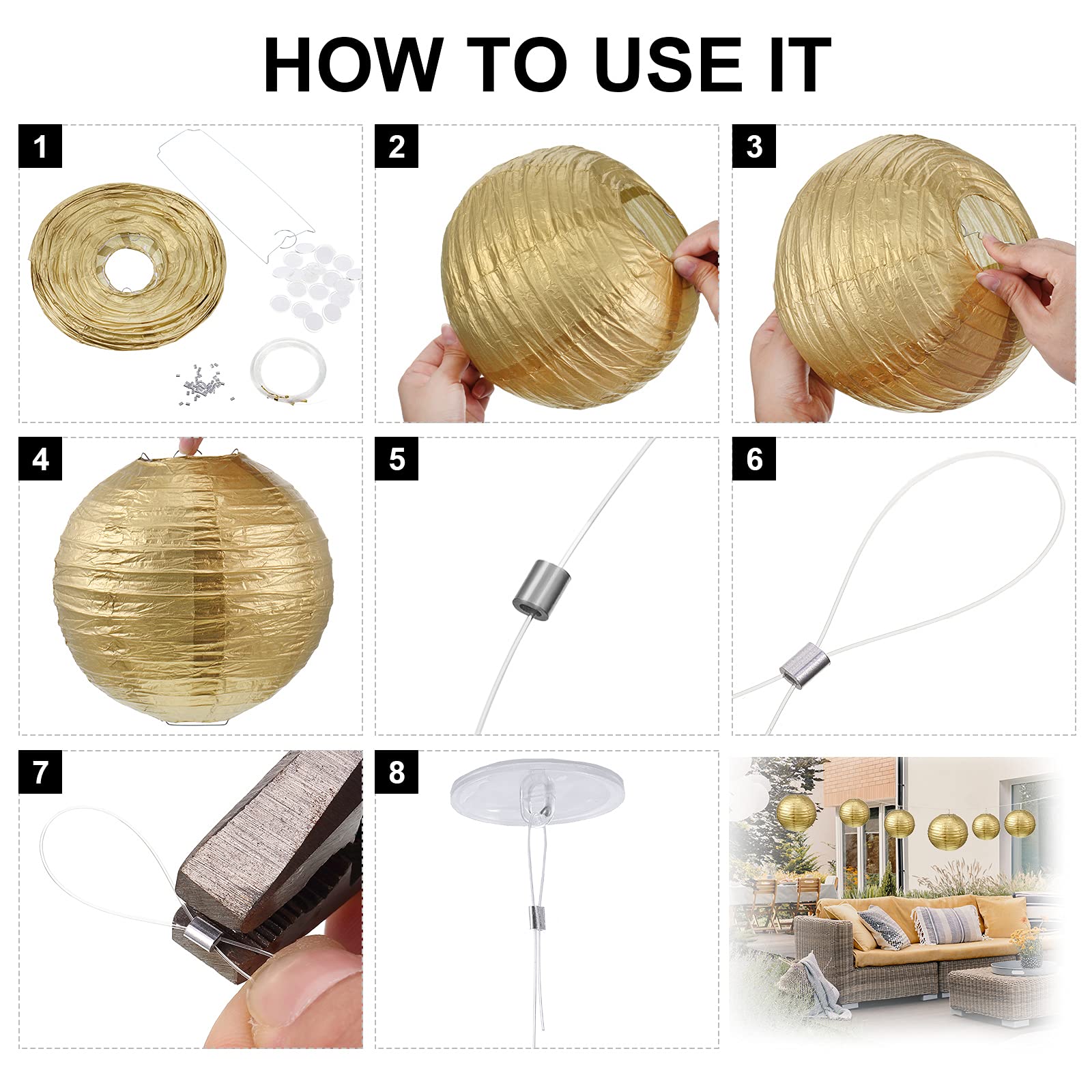 Pelopy 18 Pcs Gold, Beige, White Paper Lanterns 4/6/8/12 Inches Chinese Japanese Round Lamp For Paper Lanterns Indoor New Year W