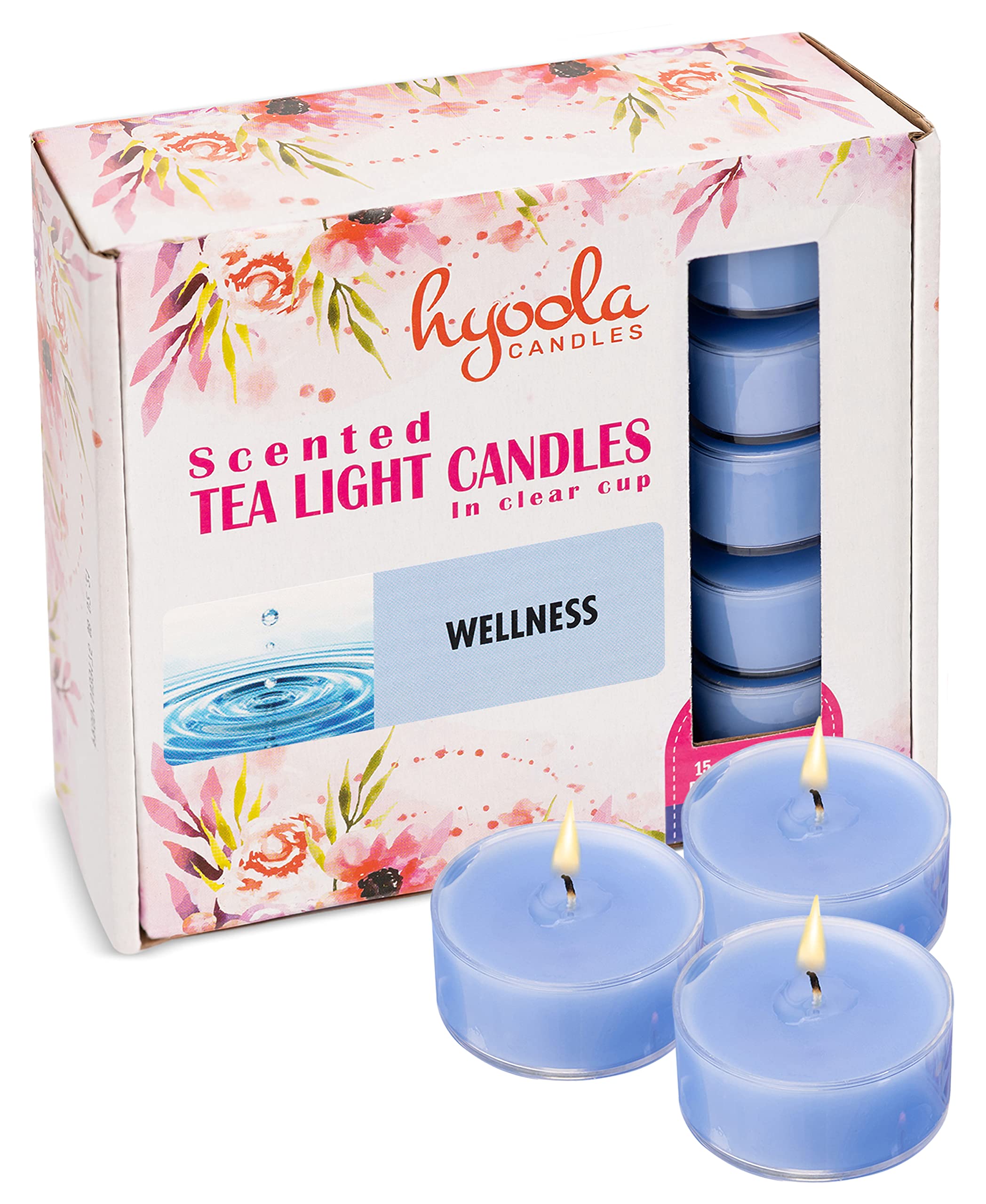 Hyoola Scented Tealight Candles - 15 Pack - 6 Hour Burn Time - Clear Cup - Wellness Light Blue - Model H10222 - Wax Material