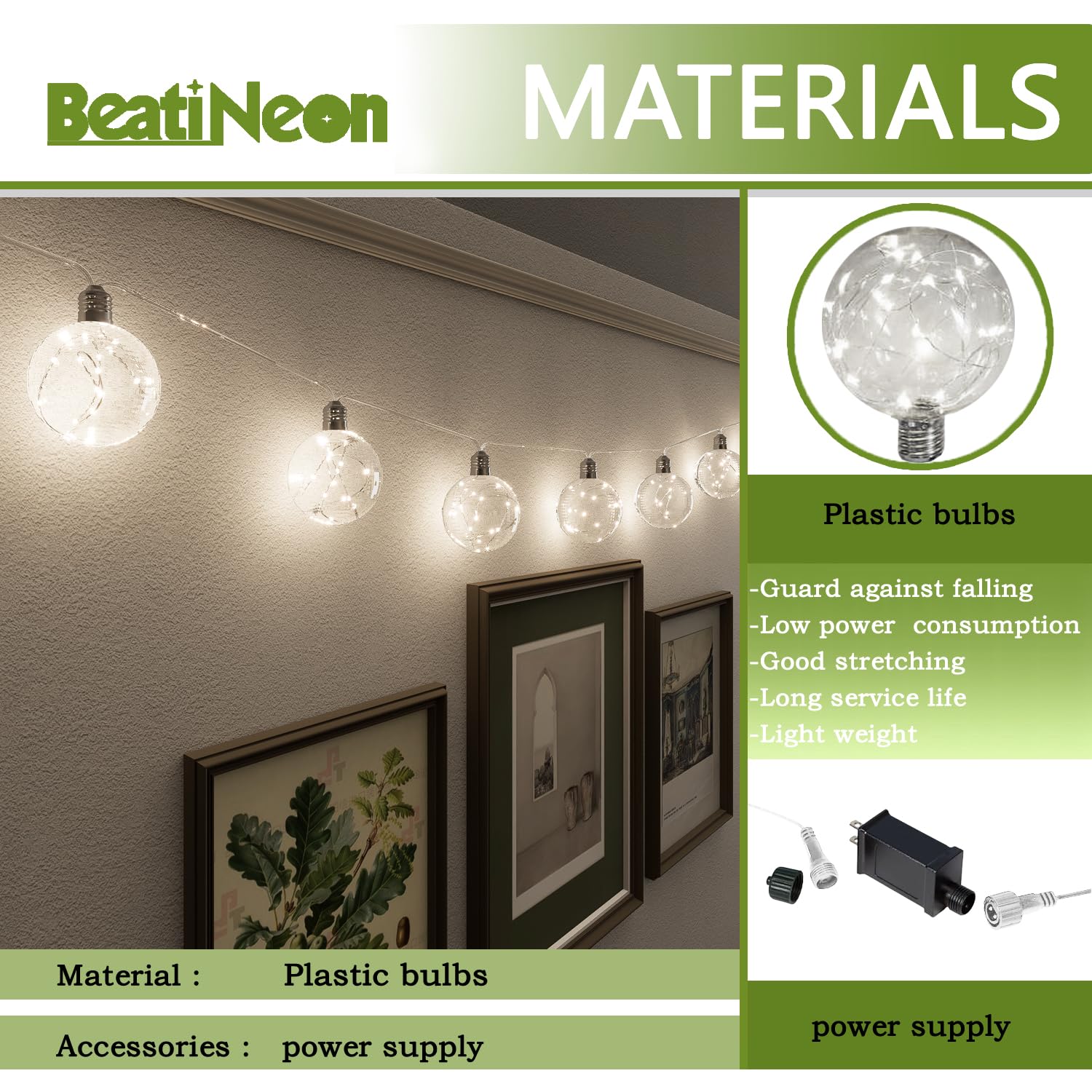 beatineon 10.3FT LED String Lights, 9Pack G100 Bulbs, Waterproof, Warm White for Indoor/Outdoor, Holiday & Party Decor