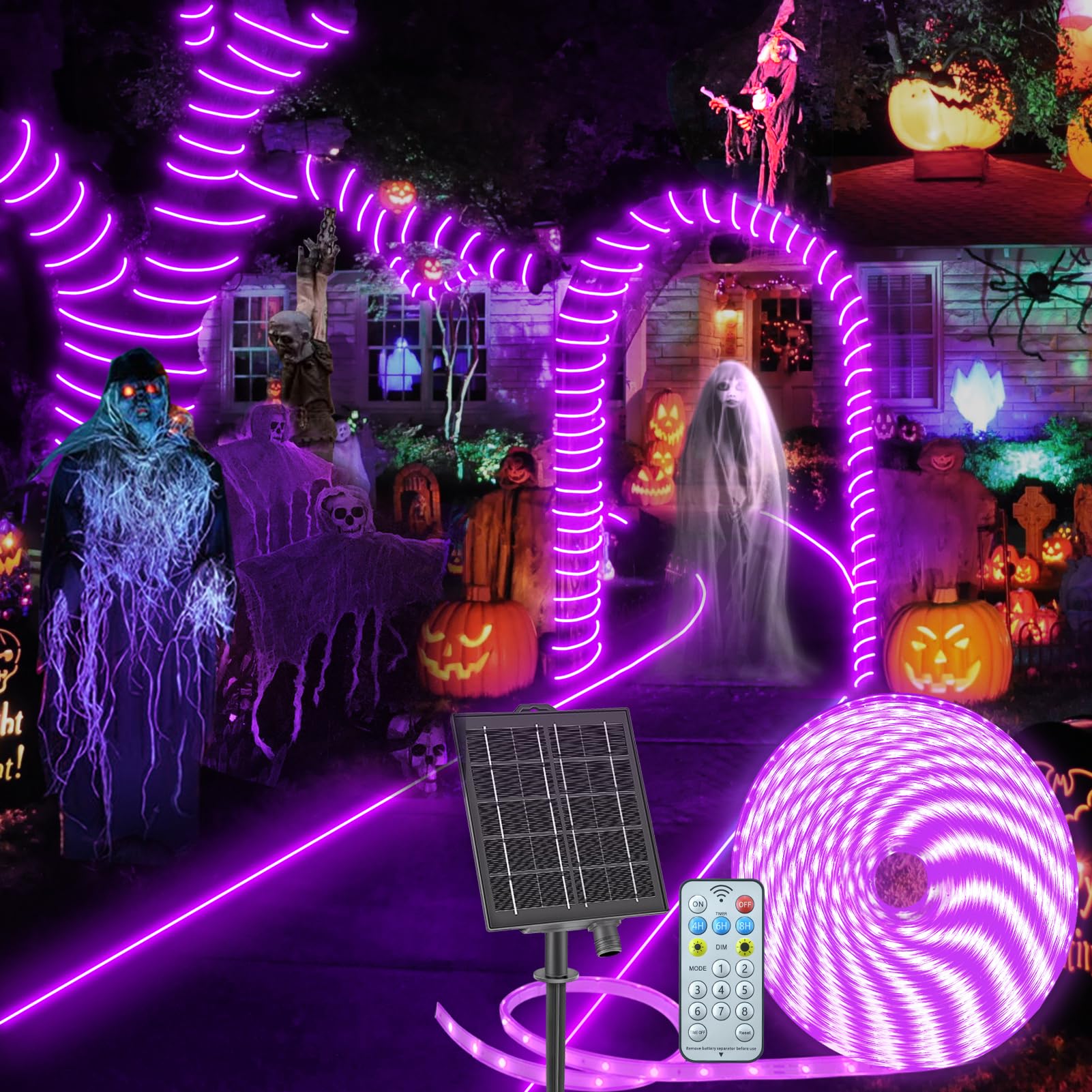 Solar Purple Lights Outdoor, 33Ft Purple Solar Strip Lights With Timer Remote Auto On/Off Self-Adhesive Halloween Rope Lights For Fence Yard Landscape Pathway Christmas Garden Decor