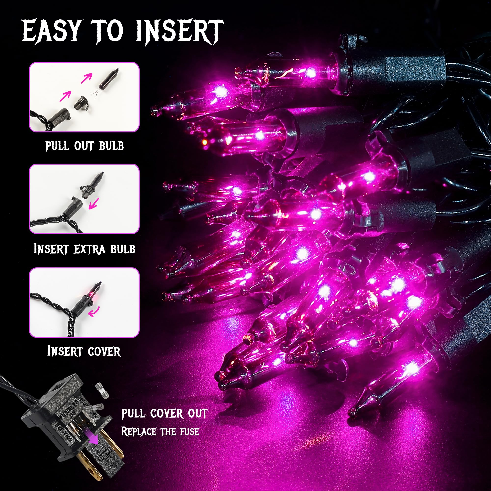 Hopolon Mini Lights, 50 Count 13 FT Incandescent String Lights, Purple, Waterproof Black Wire for Halloween & Christmas D?or
