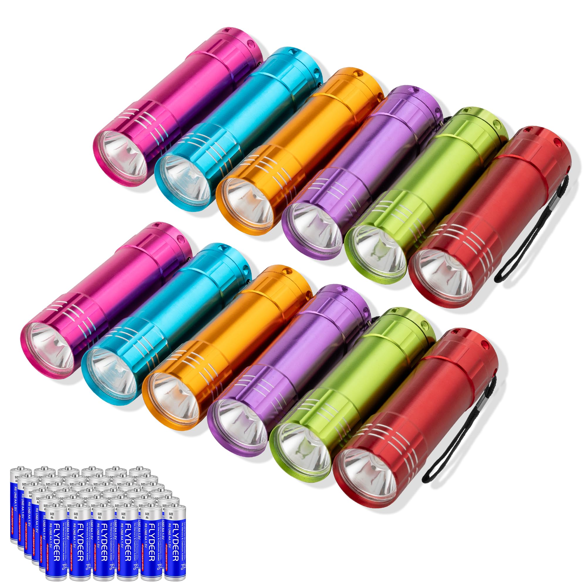 KunHe Mini LED Flashlight 12 Pack with Lanyard, 3AAA Battery Included, Assorted Colors, Model 1W-12