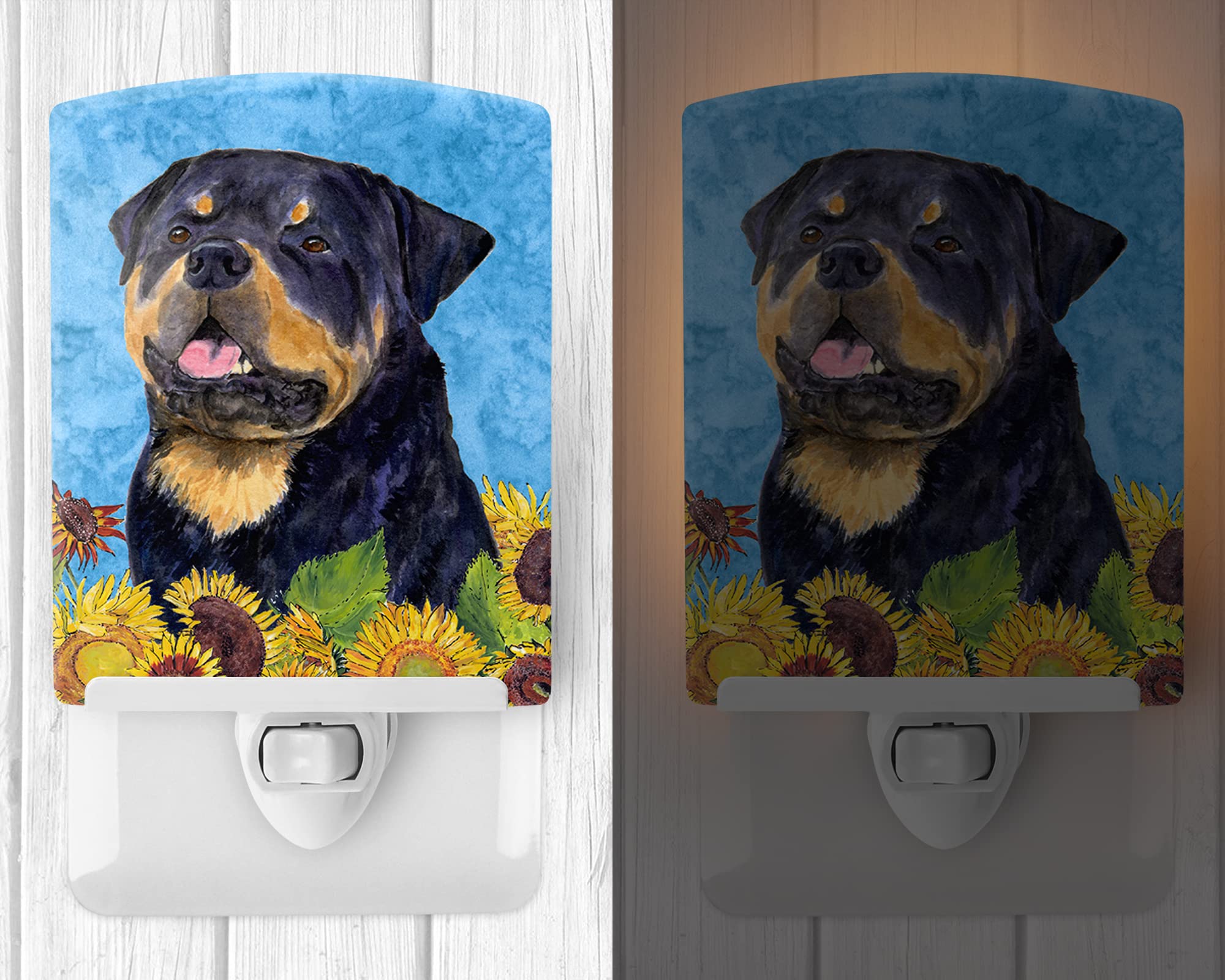 Caroline'S Treasures Ss4158Cnl Rottweiler In Summer Flowers Ceramic Night Light Compact, Ul-Certified, Ideal For Bedroom, Bathroom, Nursery, Hallway, Kitchen, 6X4X3, Multicolor