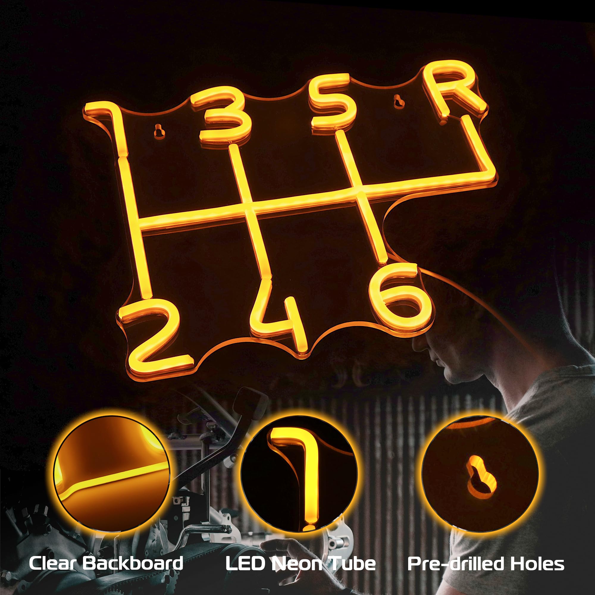 Kavaas Neon Garage Sign - LED Manual Transmission Lever, Gold Yellow, ABS Material, Ideal for Car Room Decor and Gifts for Car Enthusiasts