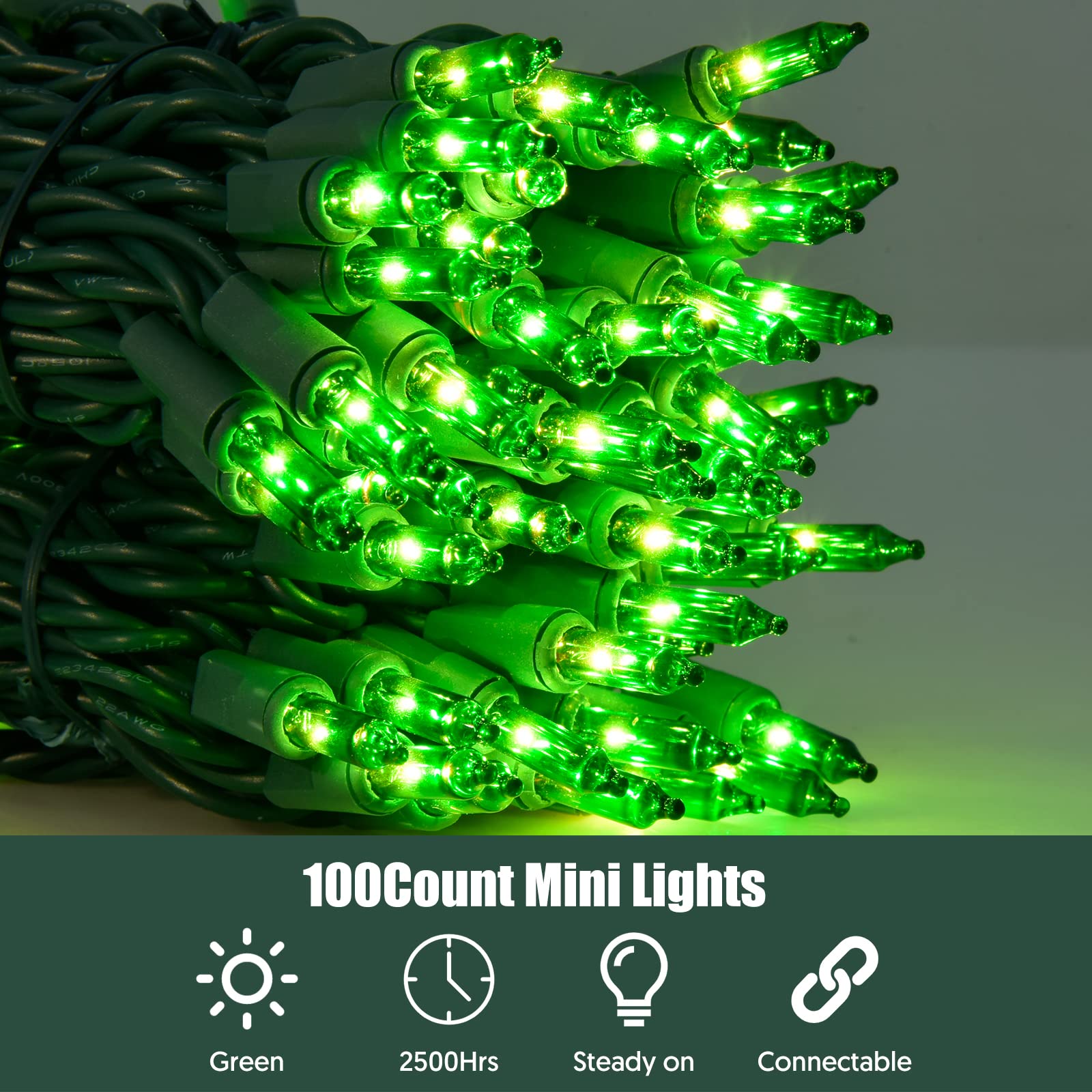 Dirnun Green Christmas Lights St Patricks Day Decorations 100 Count Incandescent Light Ul Certified Connectable Christmas Tree Lights For Indoor Outdoor Xmas, Wedding, Party, Home Decorations