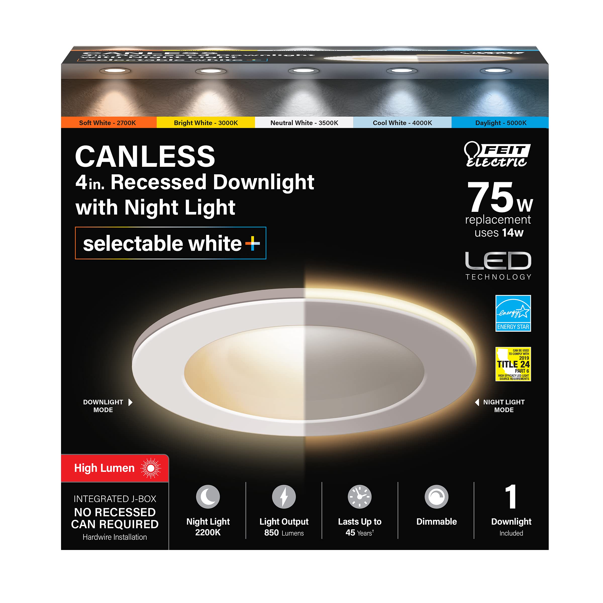 Feit Electric 4'' LED Canless Recessed Downlight with Night Light Mode and Integrated J-Box, 75W EQ, Dimmable, 5CCT Selectable W
