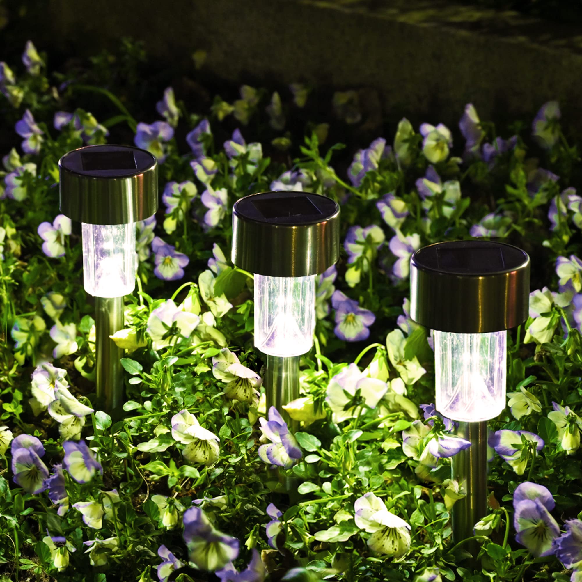 SOLPEX Solar Outdoor Lights 12 Pack, Stainless Steel, Waterproof LED Pathway Lighting, Cold White, Model 6982