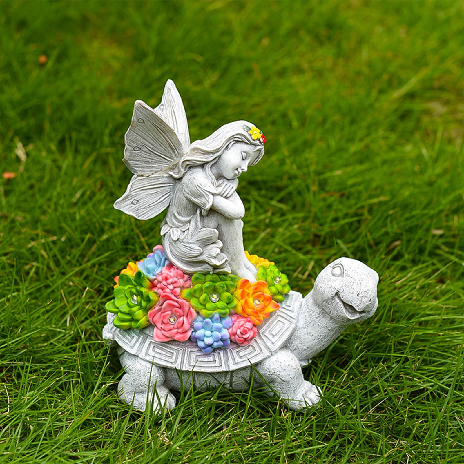 AVEKI Garden Statue Turtle & Flower Fairy Figurines Resin Decor with LED Lights, Solar, Waterproof, Succulent