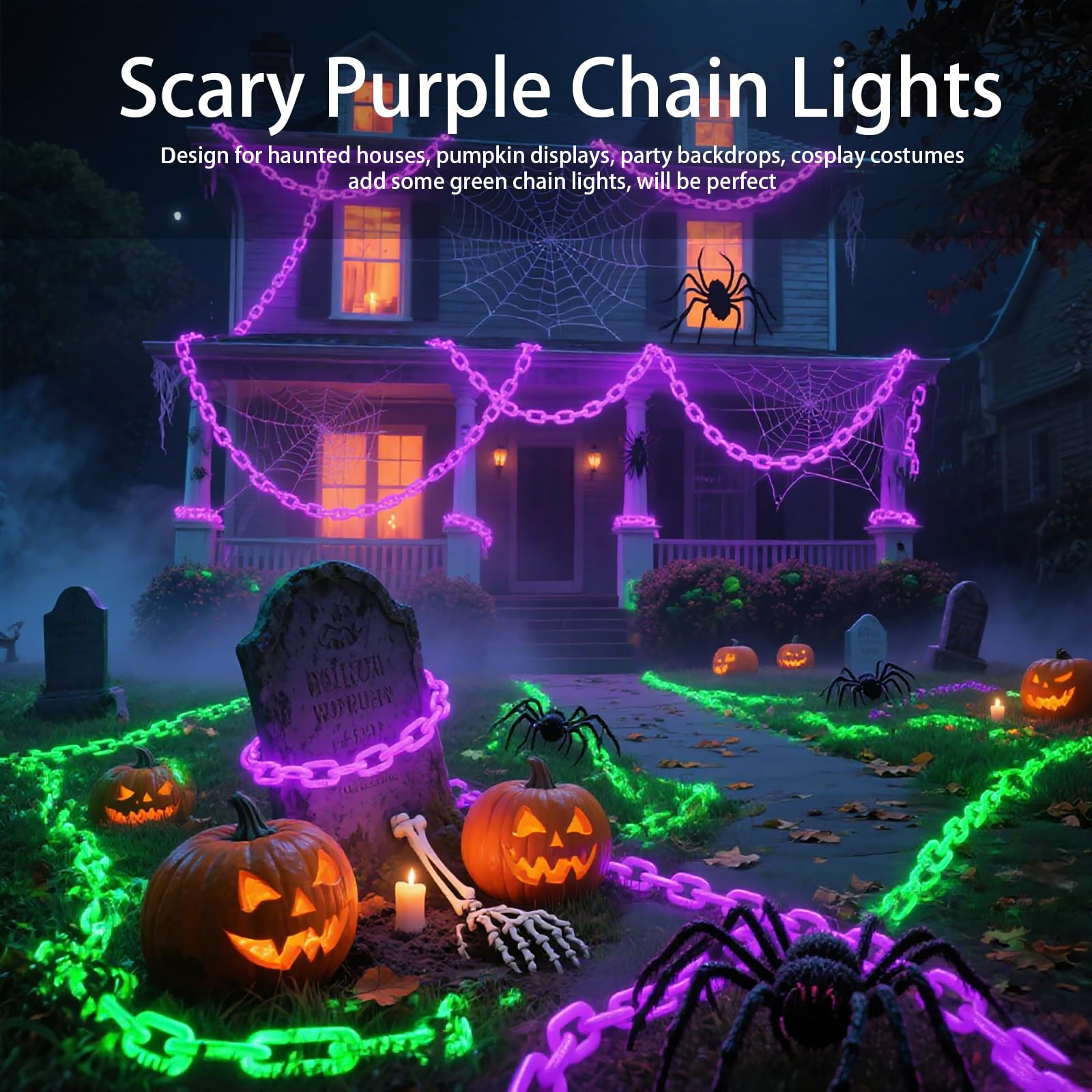 Ohwewant Solar Halloween Decorations Outdoor  10Ft Purple Chain Lights  Waterproof Solar Halloween Lights For Outdoor Haunted House Party Skeleton Dog Cosplay Props Yard