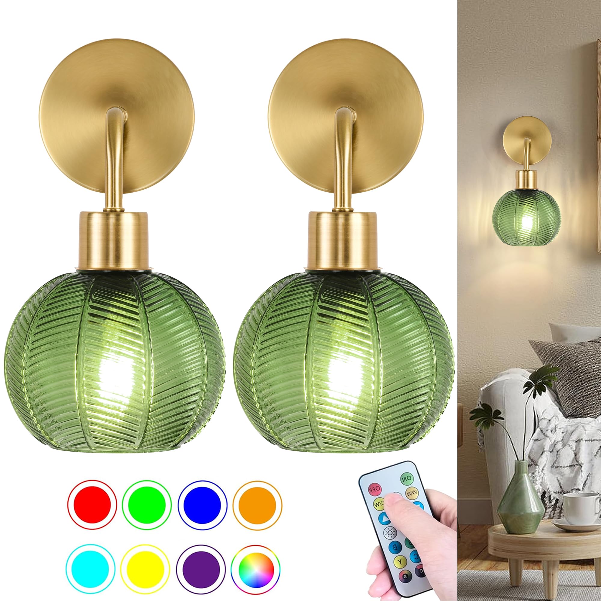 Gold Battery Operated Wall Sconces Set Of Two 2,Wireless Rechargeable Wall Sconce With Remote,Vintage Wall Lamp With Green Glass
