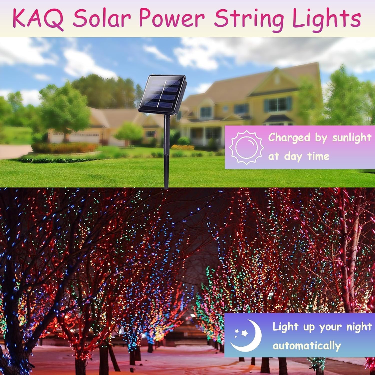 KAQ Solar String Lights, 200LED, 66FT, IP65 Waterproof, 8 Modes, Multicolor, 2-Pack