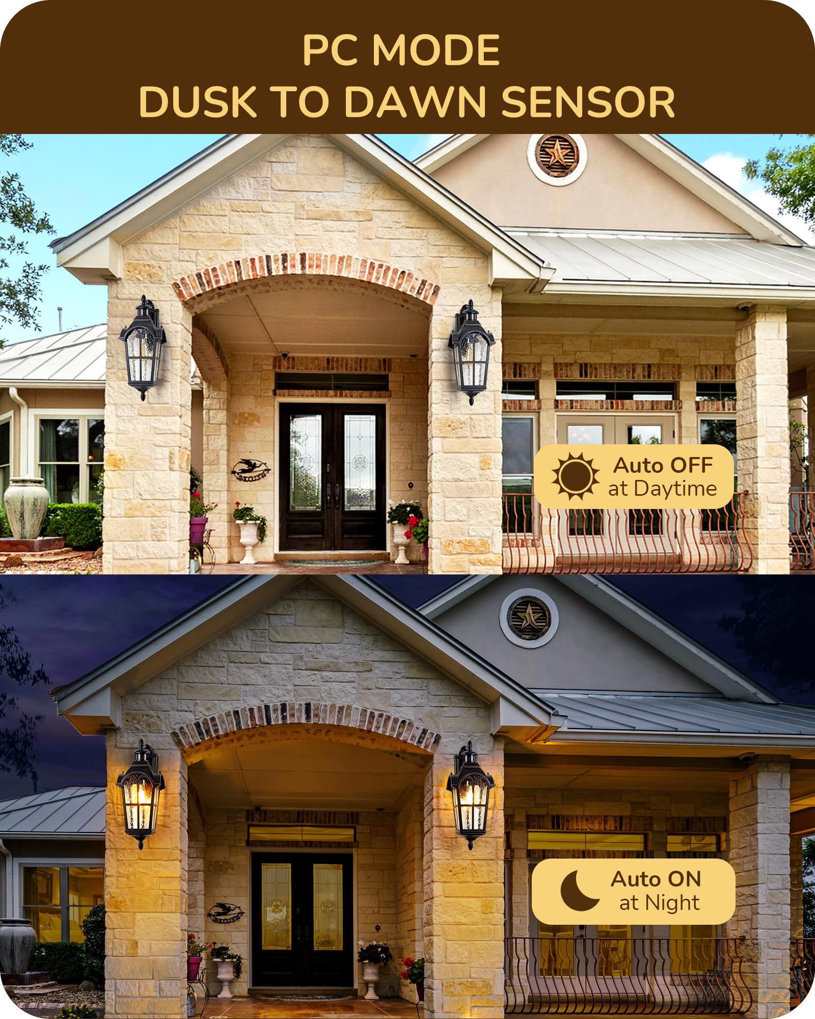 EDISHINE 20.2 Large Motion Sensor Outdoor Wall Lights, Dusk to Dawn Exterior Sconce with Water Ripple Glass, Waterproof Outside