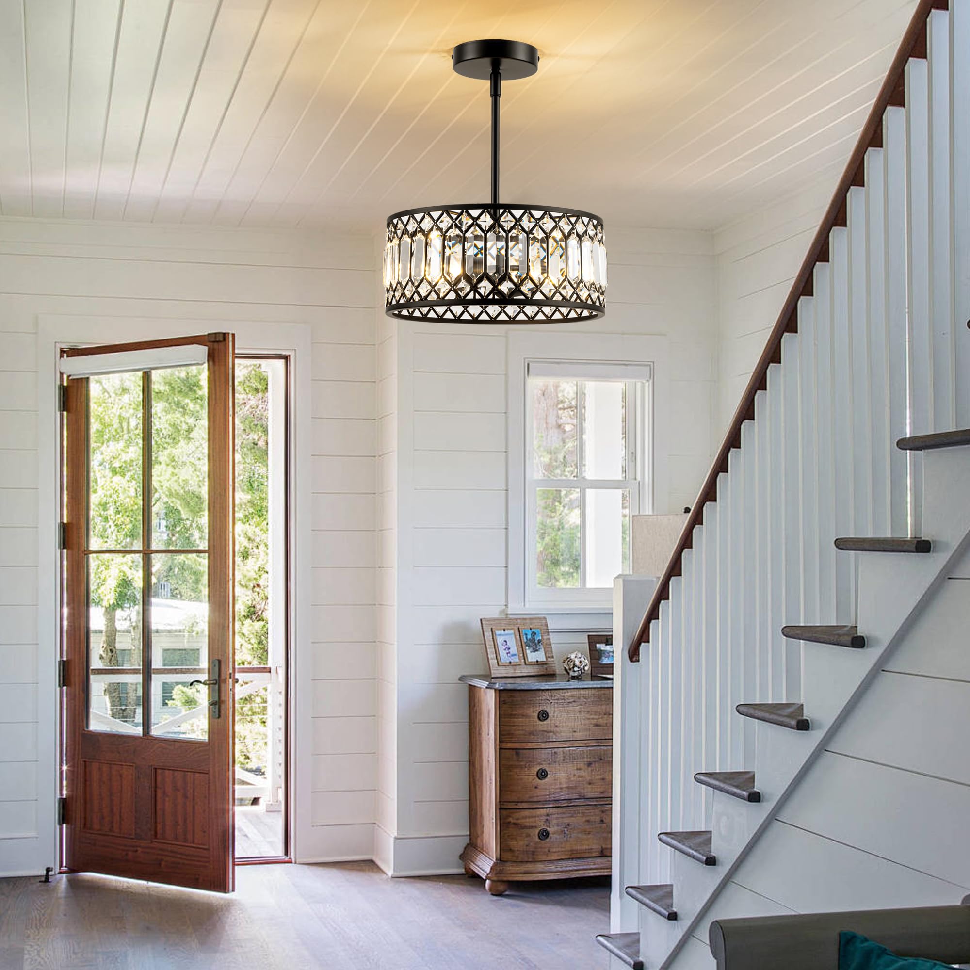 Rpzloila 2-Light Crystal Ceiling Light Fixture, Modern Semi Flush Mount Ceiling Light, Black Crystal Chandelier For Kitchen Bedr