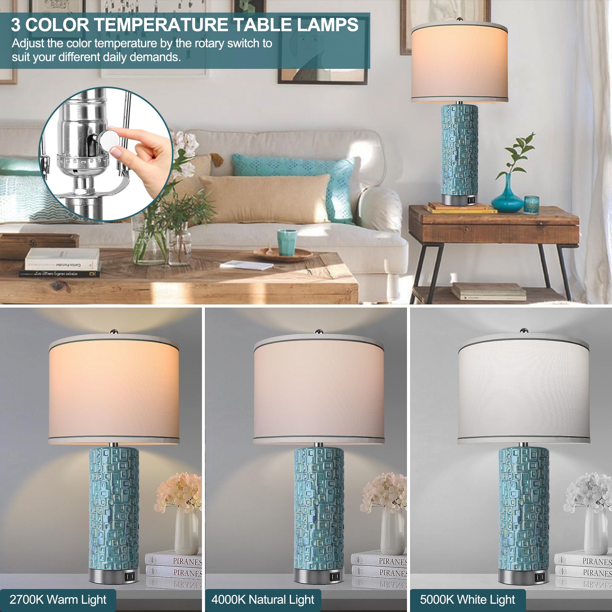 Vpazg 26'' Teal Ceramic Table Lamps Set Of 2 With Usb Ports - Coastal Decorative Nightstand Lighting