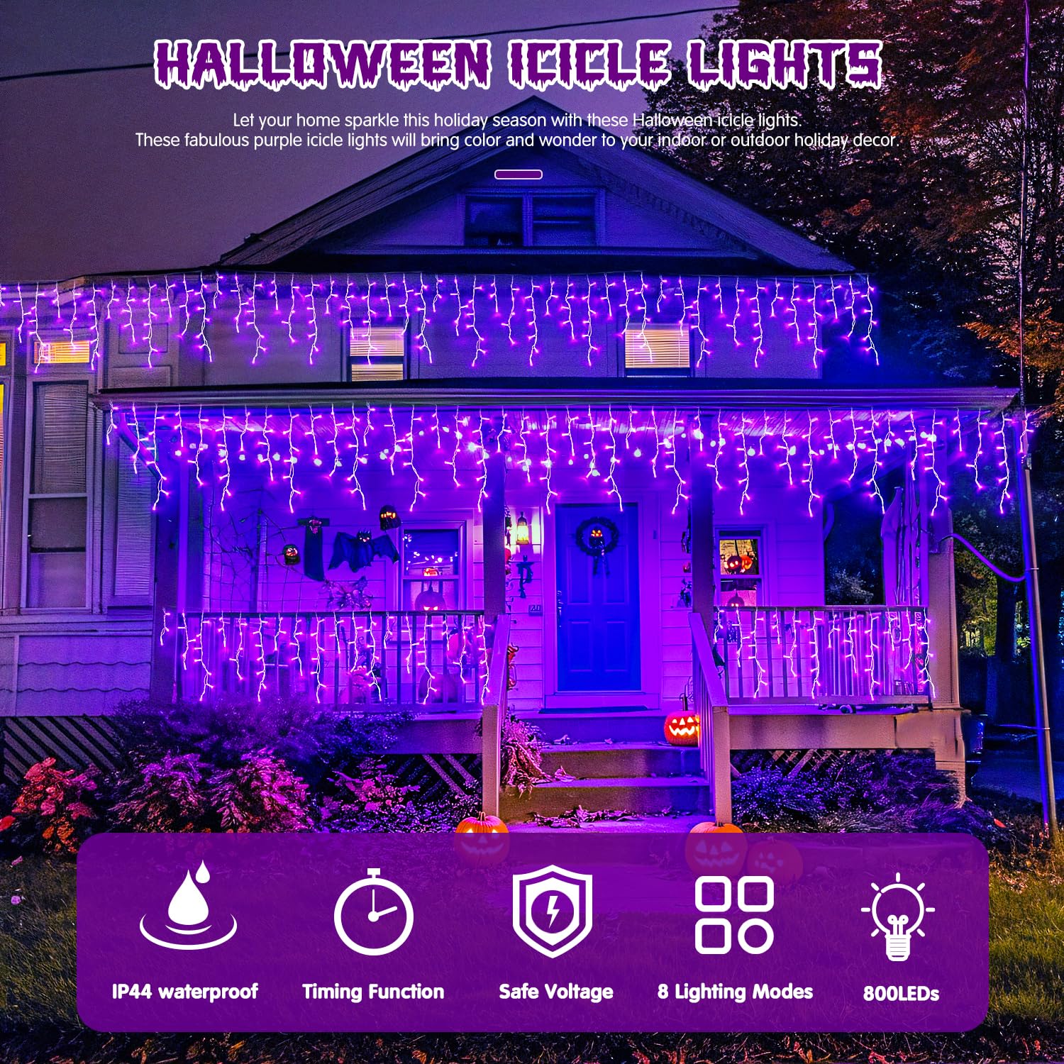 JMEXSUSS Purple Icicle Lights, 800 LED Waterproof, 8 Modes, Indoor/Outdoor, Model EXS-I-0800