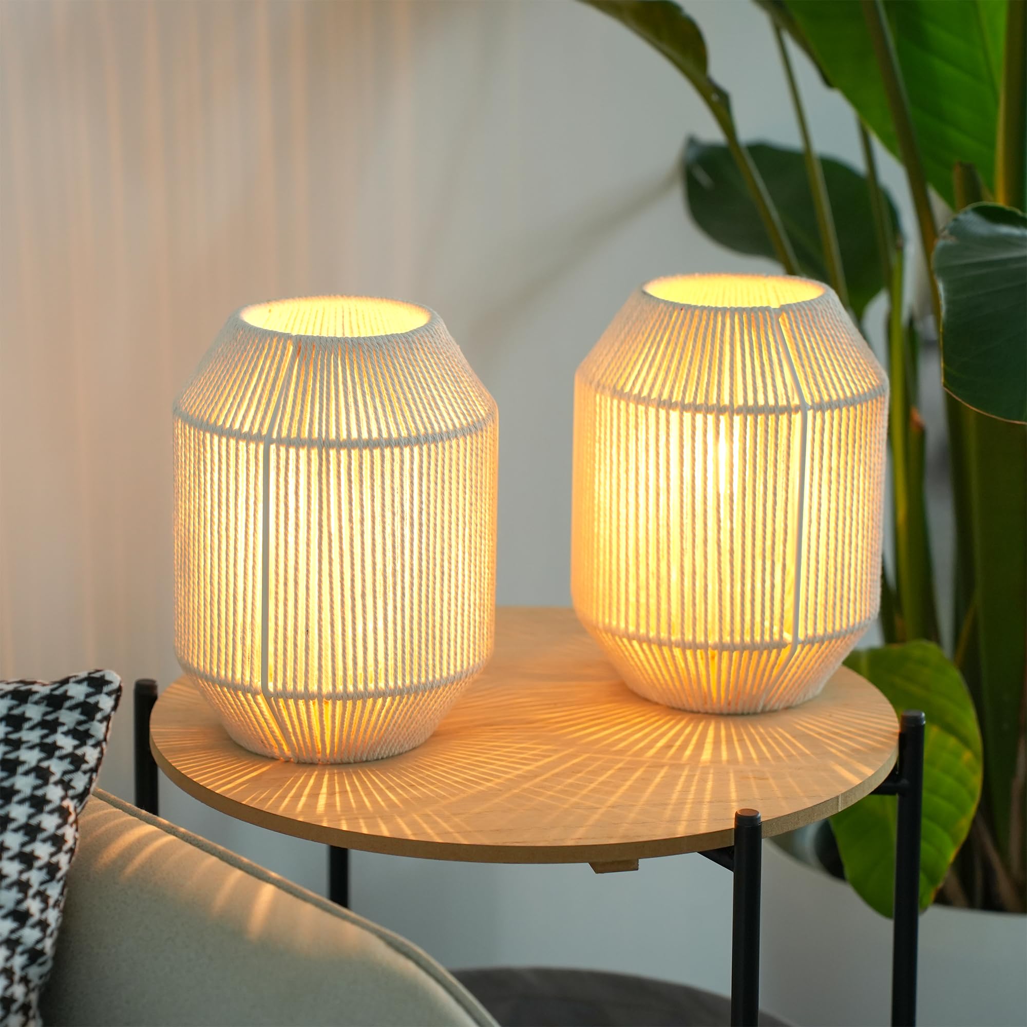 JHY DESIGN Set of 2 Woven Lampshade Table Lamps 8.5 H Cotton Rope Bedside Lights Cordless Decorative Battery Operated Lamps with