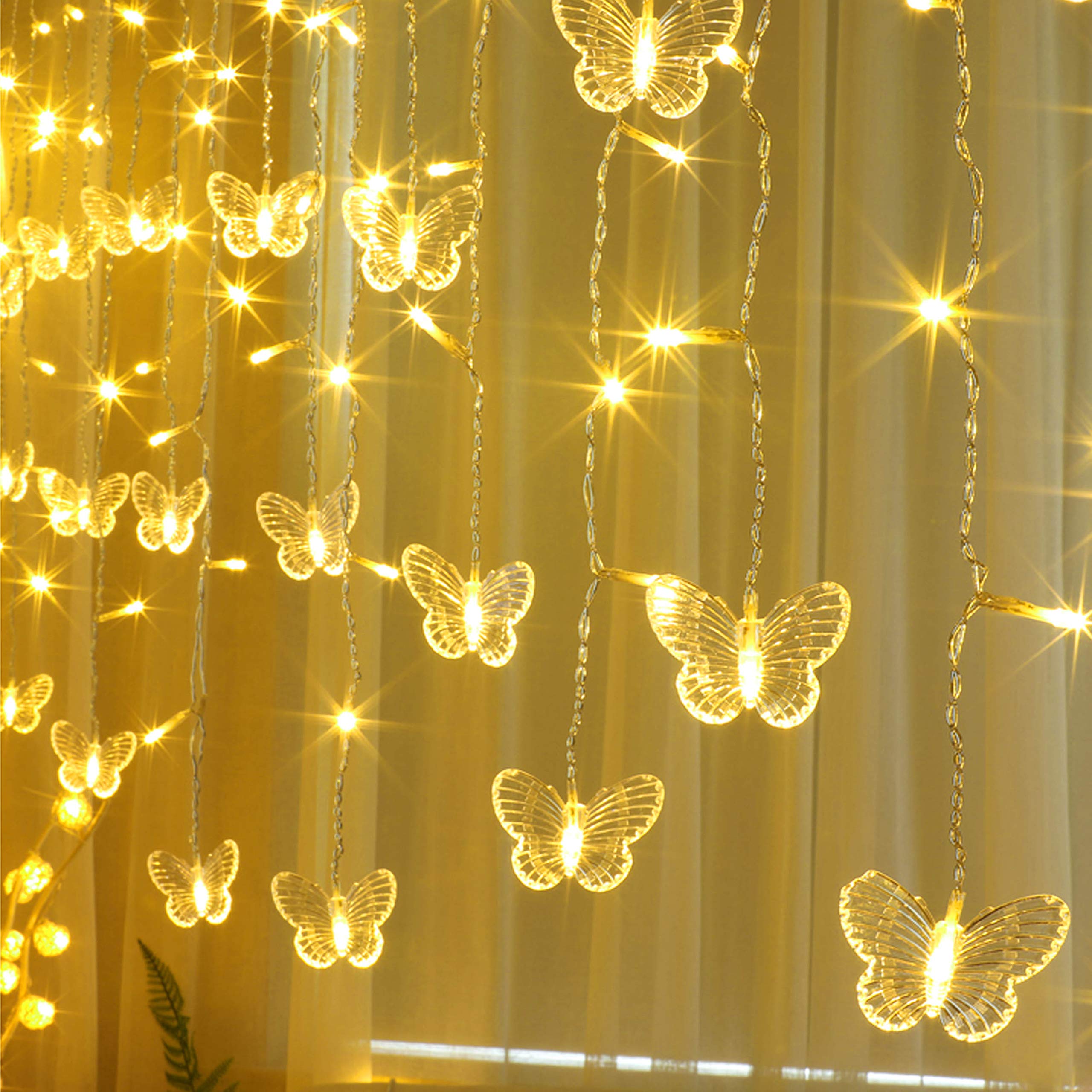 Decorman Butterfly Curtain Lights, 13ft 96 LED USB Window Fairy Lights 16 Butterflies 8 Modes Firefly Twinkle Timer String Light