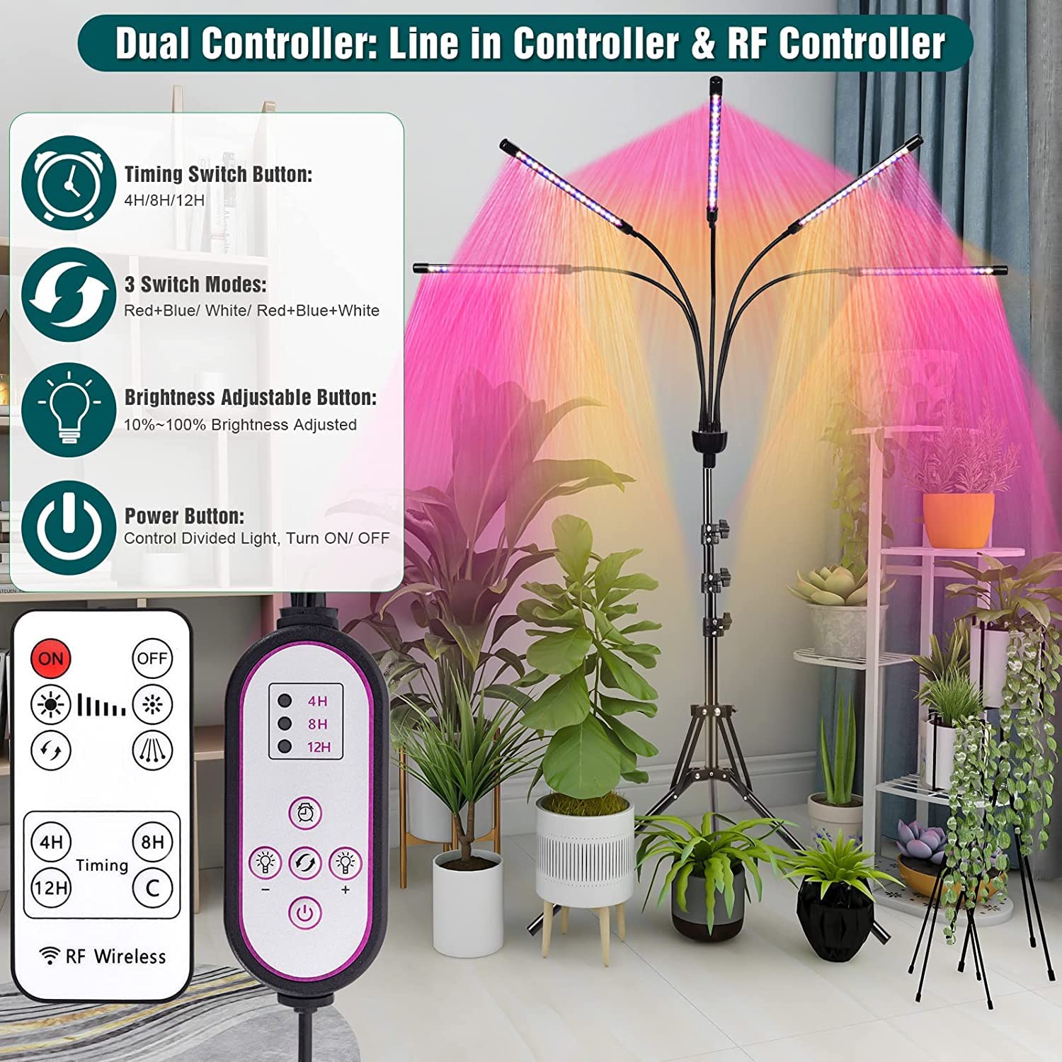 KEELIXIN Grow Lights for Indoor Plants, 5 Heads Full Spectrum with Adjustable Tripod, Remote Control, Red Blue White, Model LXGL-008