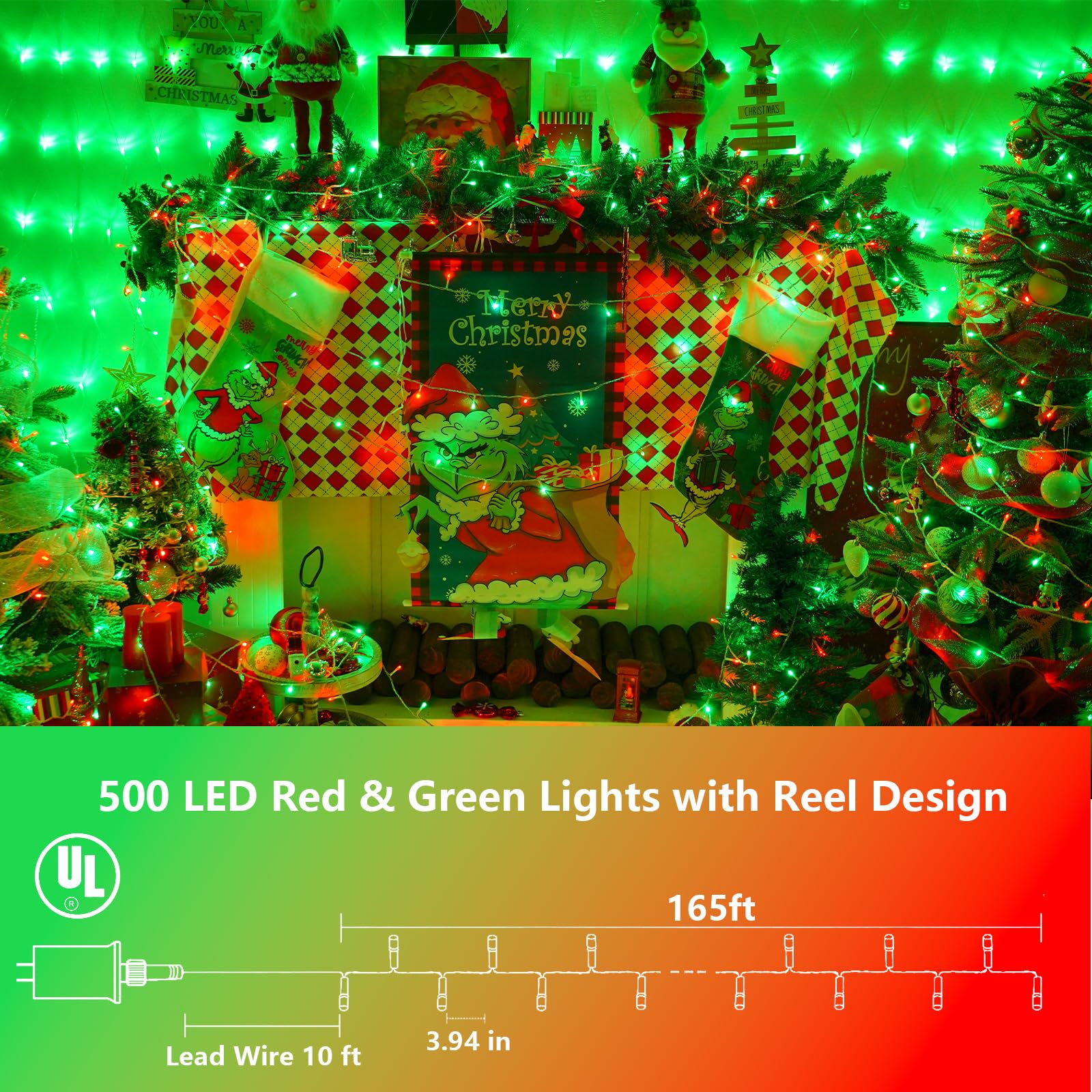 Yeguo 165Ft 500 Led Red And Green Christmas Lights Outdoor Waterproof  Clear Wire String Lights Indoor Plug In  8 Modes Clear Wire Twinkle Tree Light For Xmas Party Garden