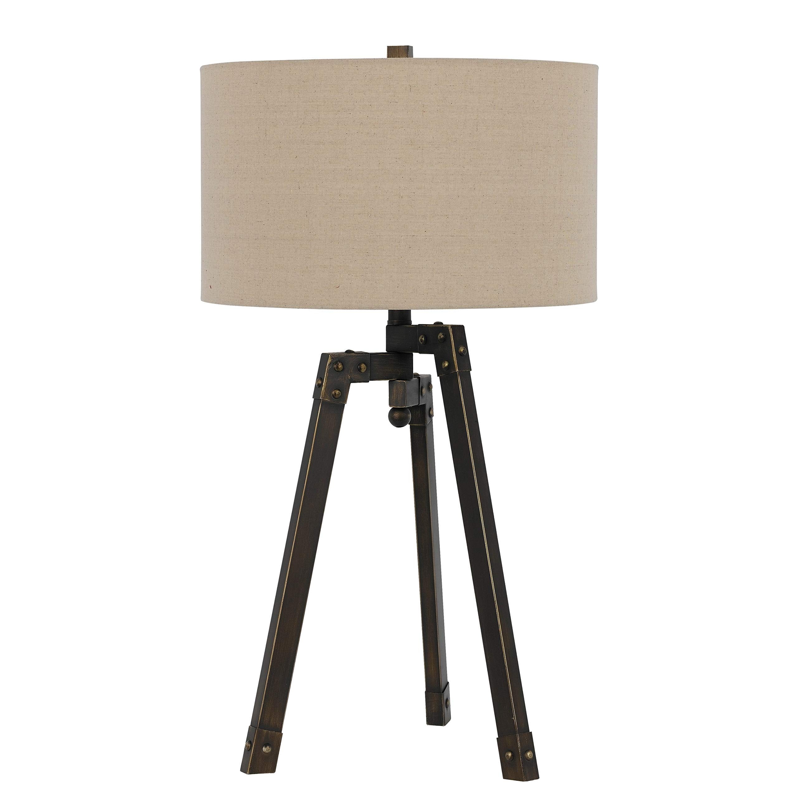 Benjara Metal Tripod Base Table Lamp With Fabric Drum Shade, Bronze And Beige