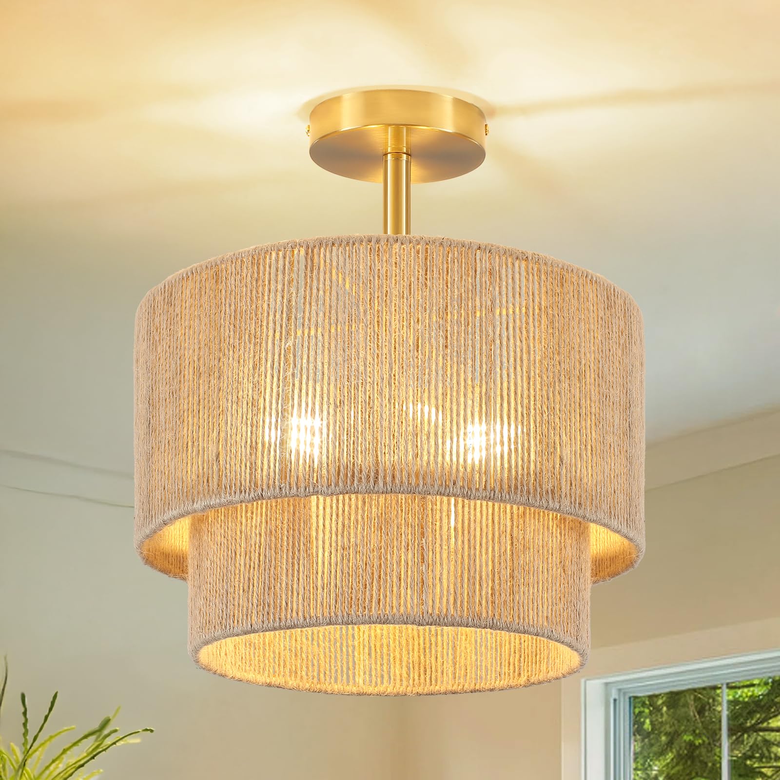 Boho Light Fixtures Ceiling Mount, 2-Lights Rattan Flush Mount Ceiling Light, Hand-Woven Cage Shade Lamp Lighting, Rustic Rattan