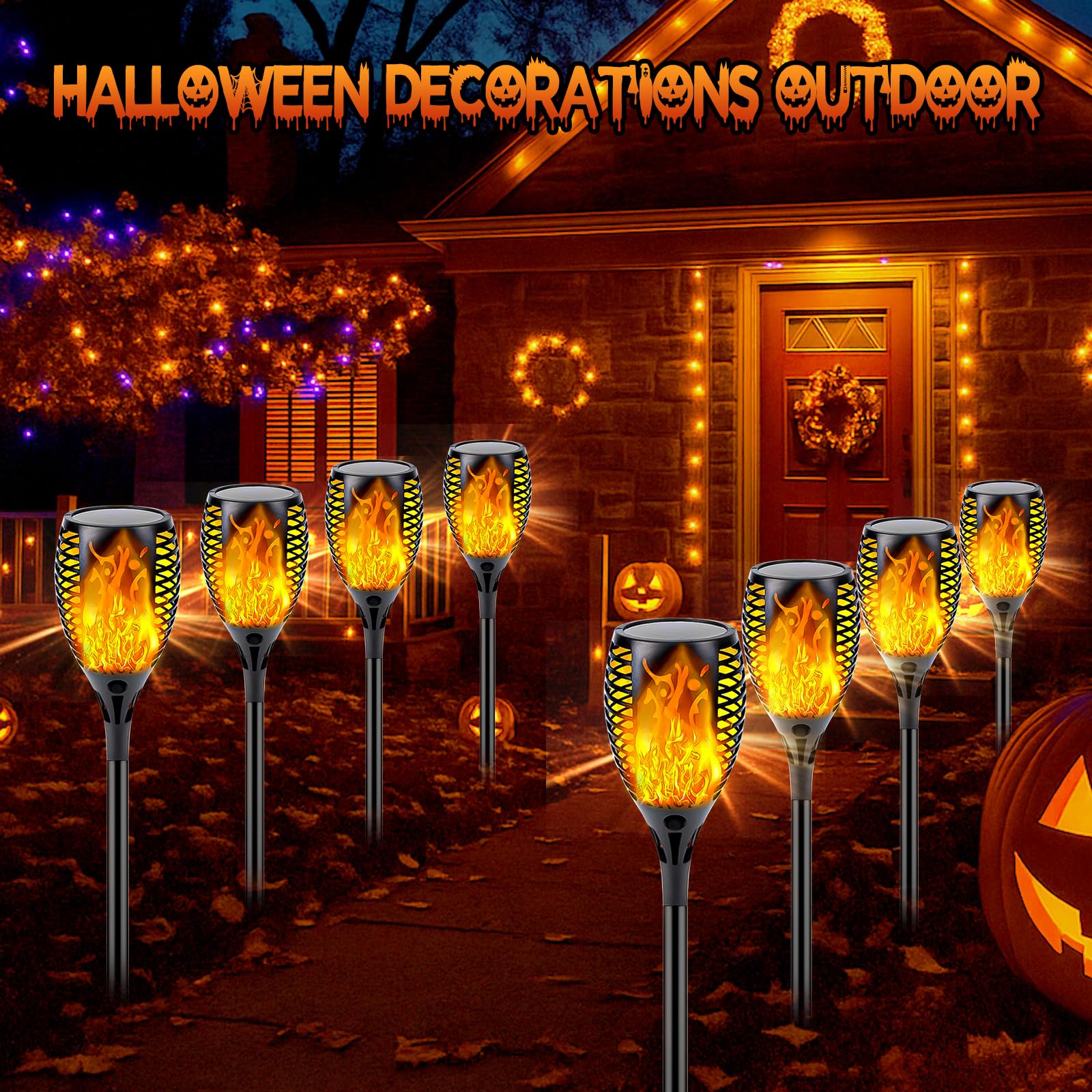 SANJICHA Solar Flame Torch Lights, 33LED, Waterproof, 8 Pack, Orange, Decorative Outdoor Lighting for Garden and Pathway