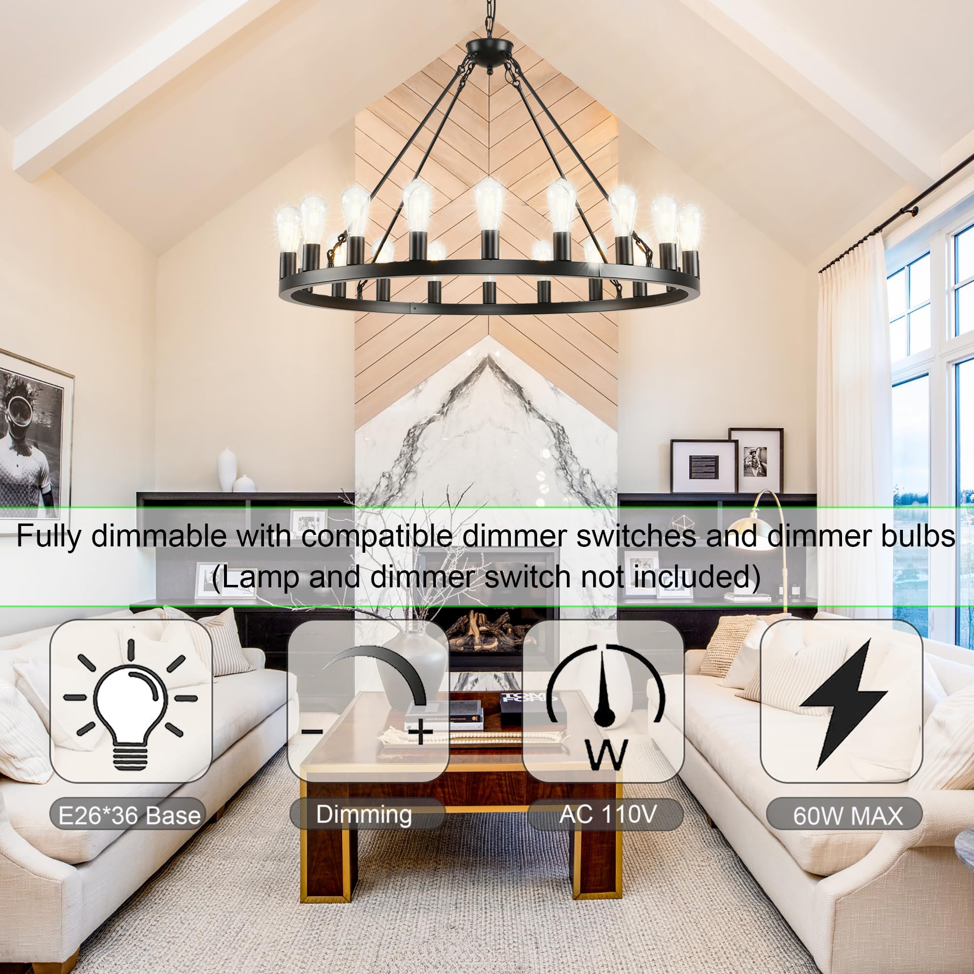 Sarudiir 40 Inch Black Wagon Wheel Chandelier 20-Light Farmhouse Round Wheel Chandeliers Hanging Light Fixture Outdoor Wagon Whe