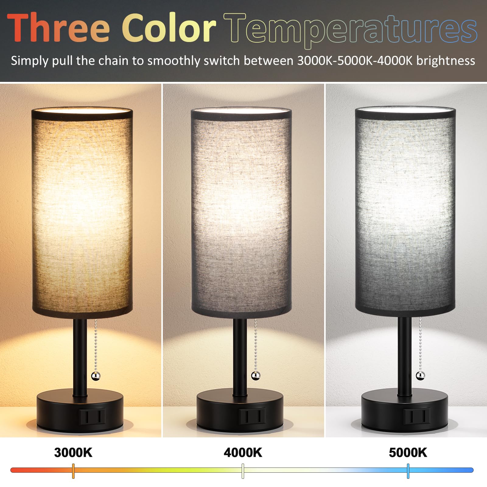 Fenmzee Black Bedside Table Lamps Set Of 2-3 Color Temperatures Pull Chain Lamp With Ac Outlet Charging Port, Round Night Stand