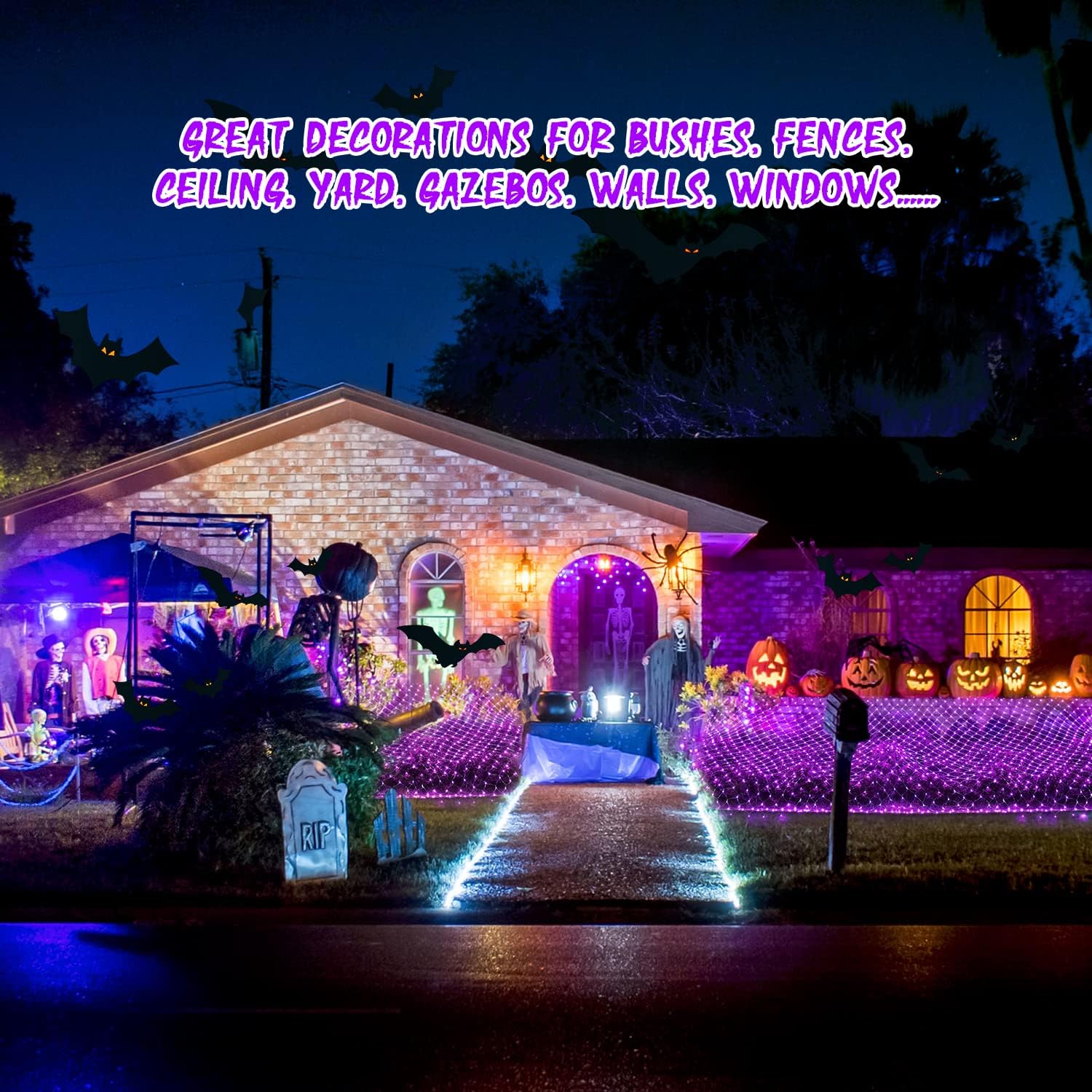 JMEXSUSS 360 LED Purple Net Lights, 12 ft x 5 ft, Waterproof Halloween Bush Lights with Remote, Model EXS-N-0360-R