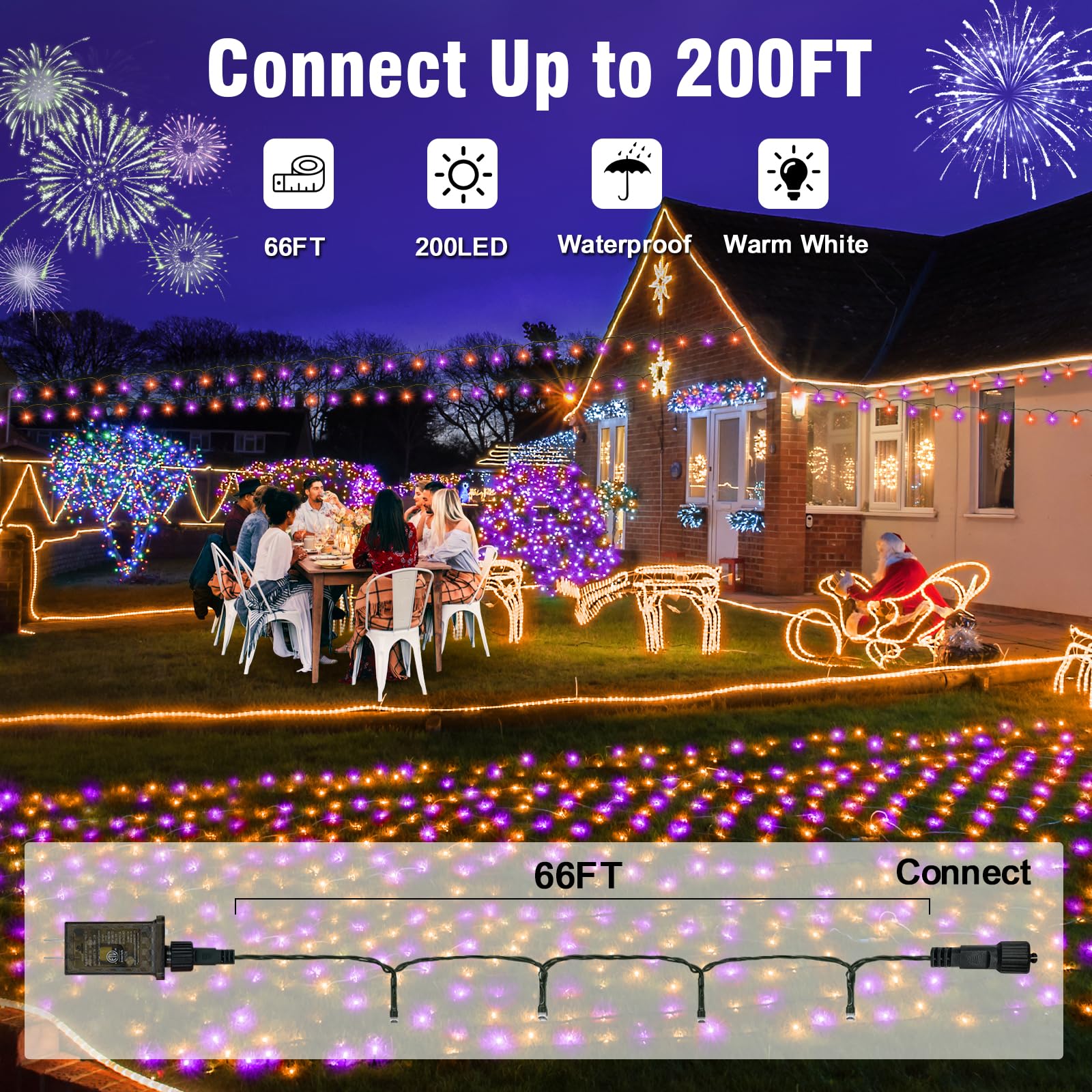 Nisocy 200 Led String Lights Outdoor Waterproof - Purple Orange Fairy Lights With Plug  Connectable Christmas Tree Lights For Patio  Garden  Bedroom  Wedding  Party  Decor (66Ft)