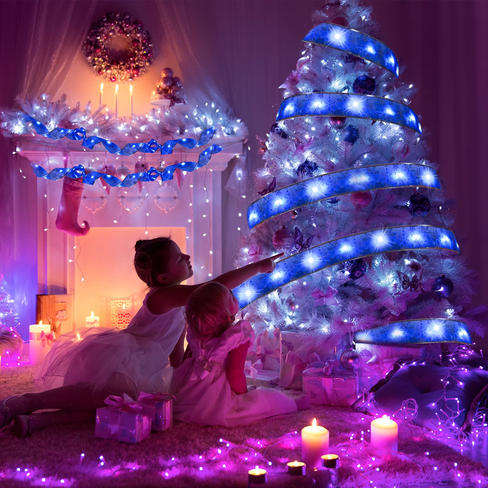 Christmas Ribbon Lights Christmas Lights 16.4 Ft Glow Christmas Tree Ribbon Battery Operated Indoor String Lights For Outdoor Xmas Holiday Party Wedding Garland Lighted Decoration (Blue)