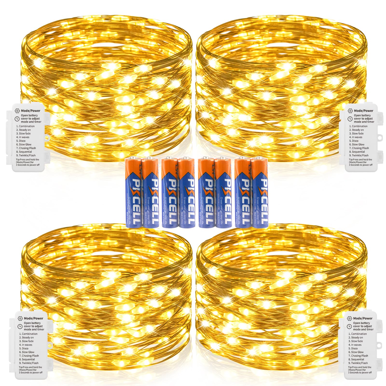 Koopower 4 Pack 50 Leds Fairy Lights With Timer, 8Pcs Batteries, And 9 Modes On 16Ft Waterproof Copper Wire String Lights For Bedroom, Wedding, And Christmas Decor, Warm White