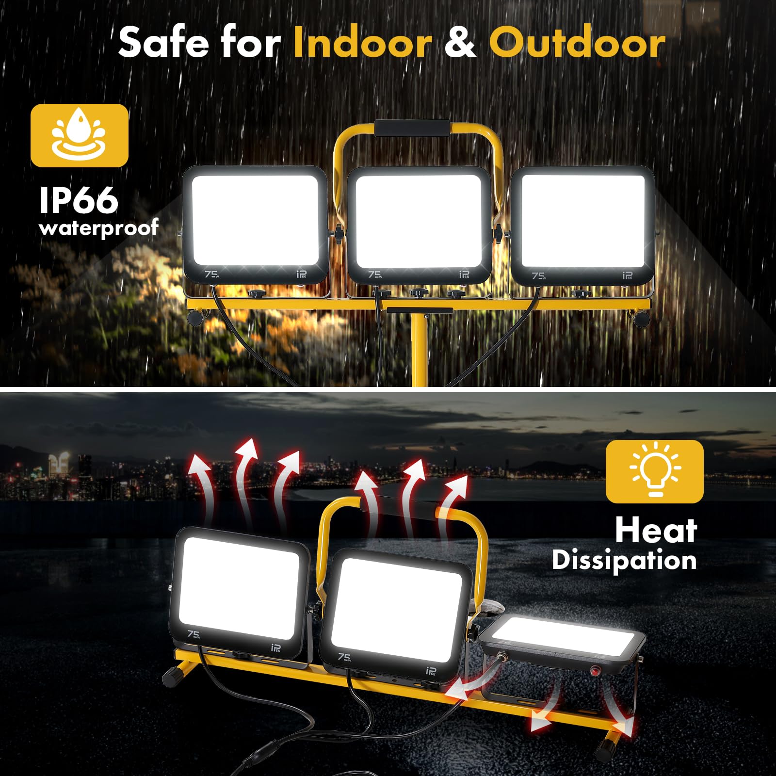 Yaoledly 225W 22500 Lumen Work Lights With Stand, Three Head Led Work Light With Individual Switch, 15Ft Power Cord, Ip66 Waterproof, Adjustable Metal Telescoping Tripod For Indoor And Outdoor