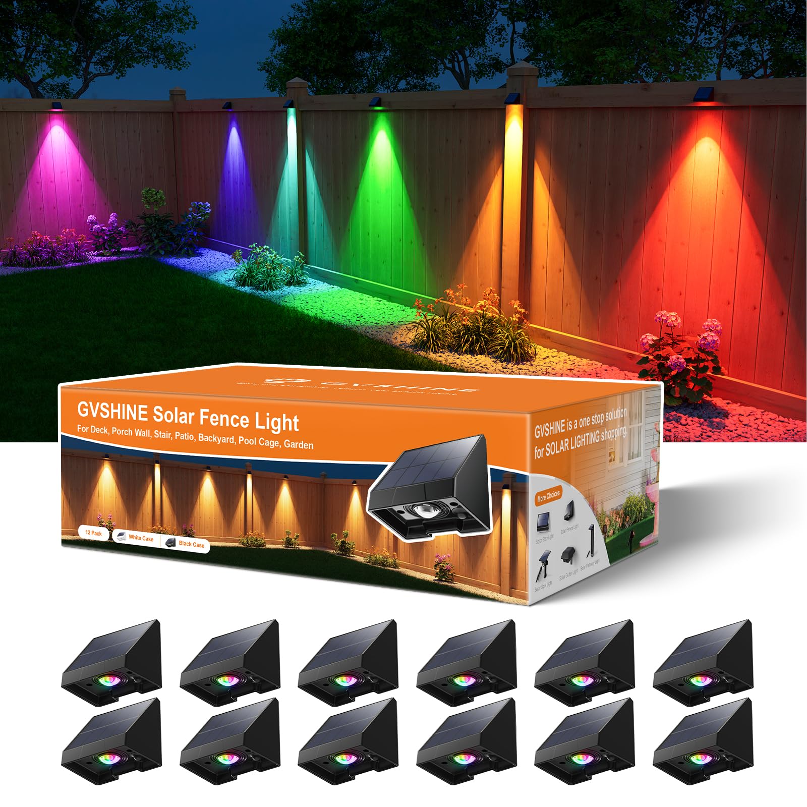 GVSHINE 12 Pack Solar Powered Fence Lights LED Waterproof Outdoor Sconce Black Shell WRGB Model GV