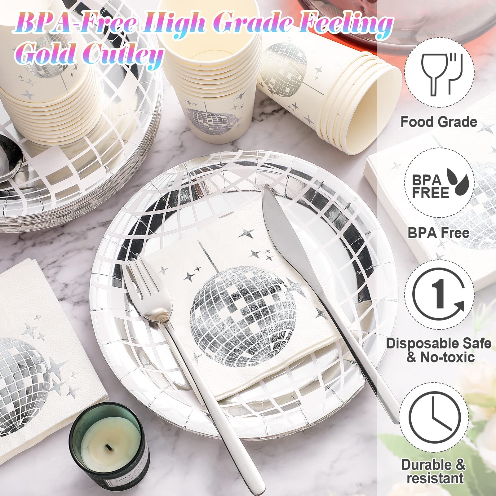 Gerrii Disco Party Supplies Set - 50 Paper Dinner Plates, 50 Silver Cups, 50 Cocktail Napkins - White and Silver - Model: Gerrii-Disco Party-70